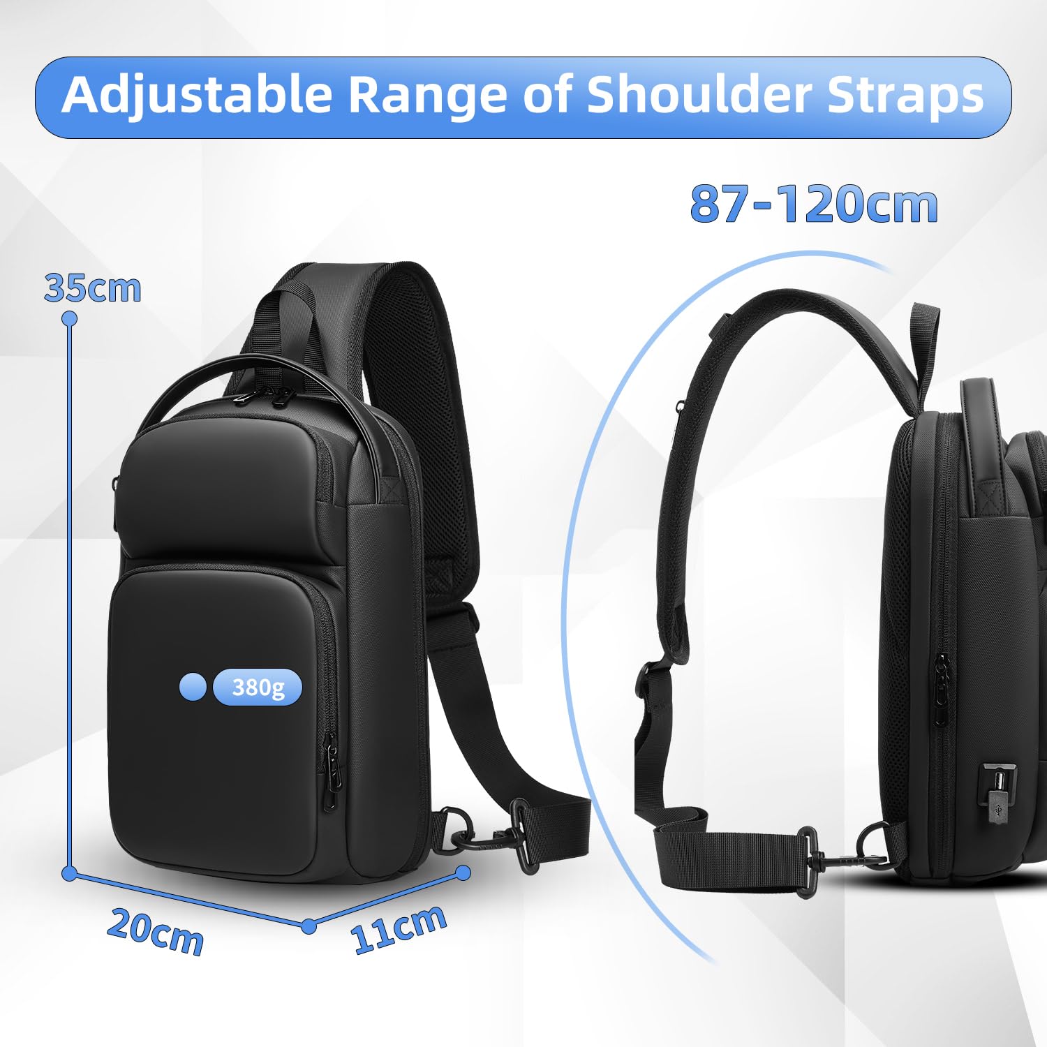 Sacoche Homme Bandouliere Imperméable Léger Sac de Poitrine avec Port de Chargement USB Sacoche Ventrale pour Loisirs Sport Travail Affaires Voyage -Noir