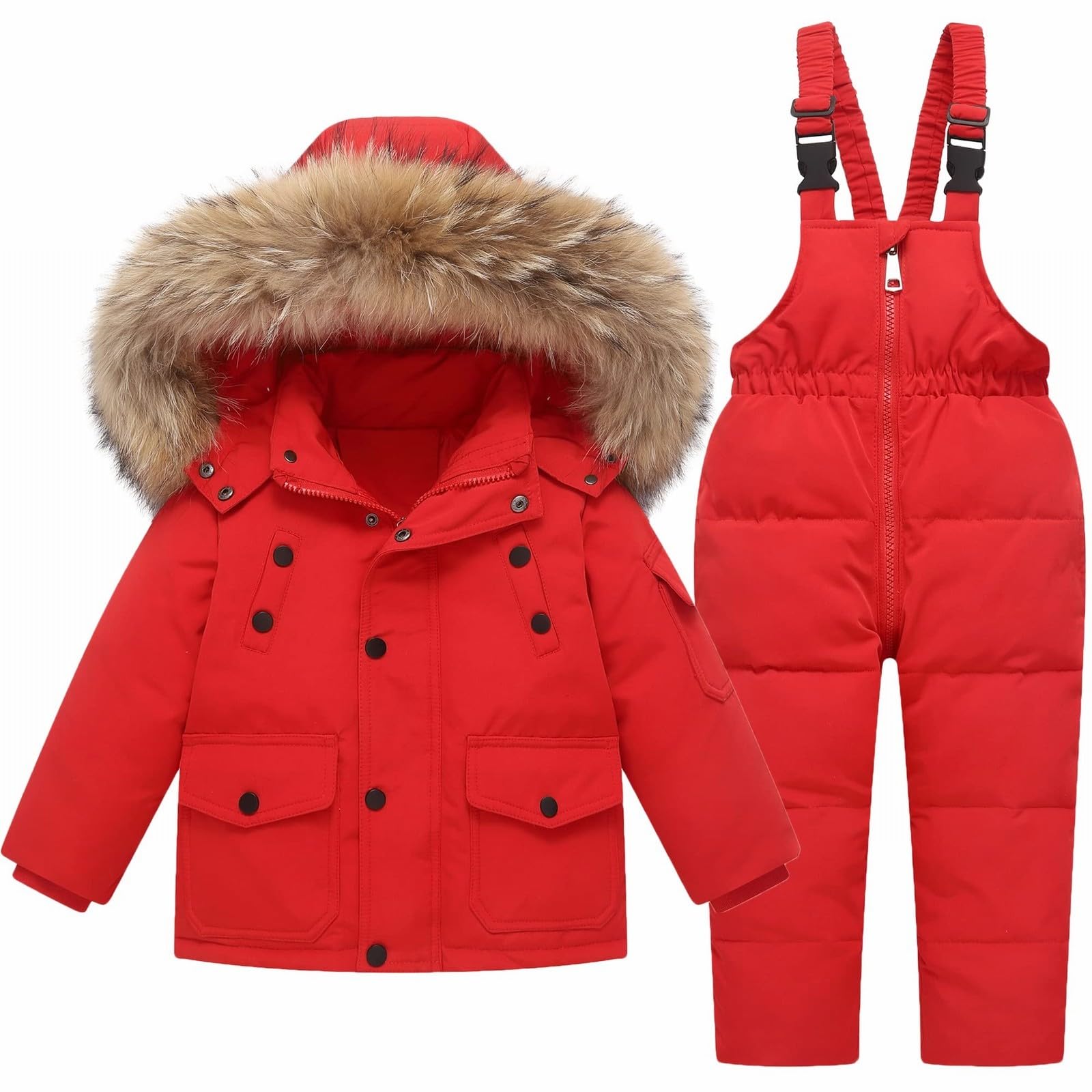 RNTOP Toddler Girls Boys Two Piece Snowsuit Kids Baby Winter Hooded Puffer Down Jackets Snow Bib (Red, 18-24 Months)