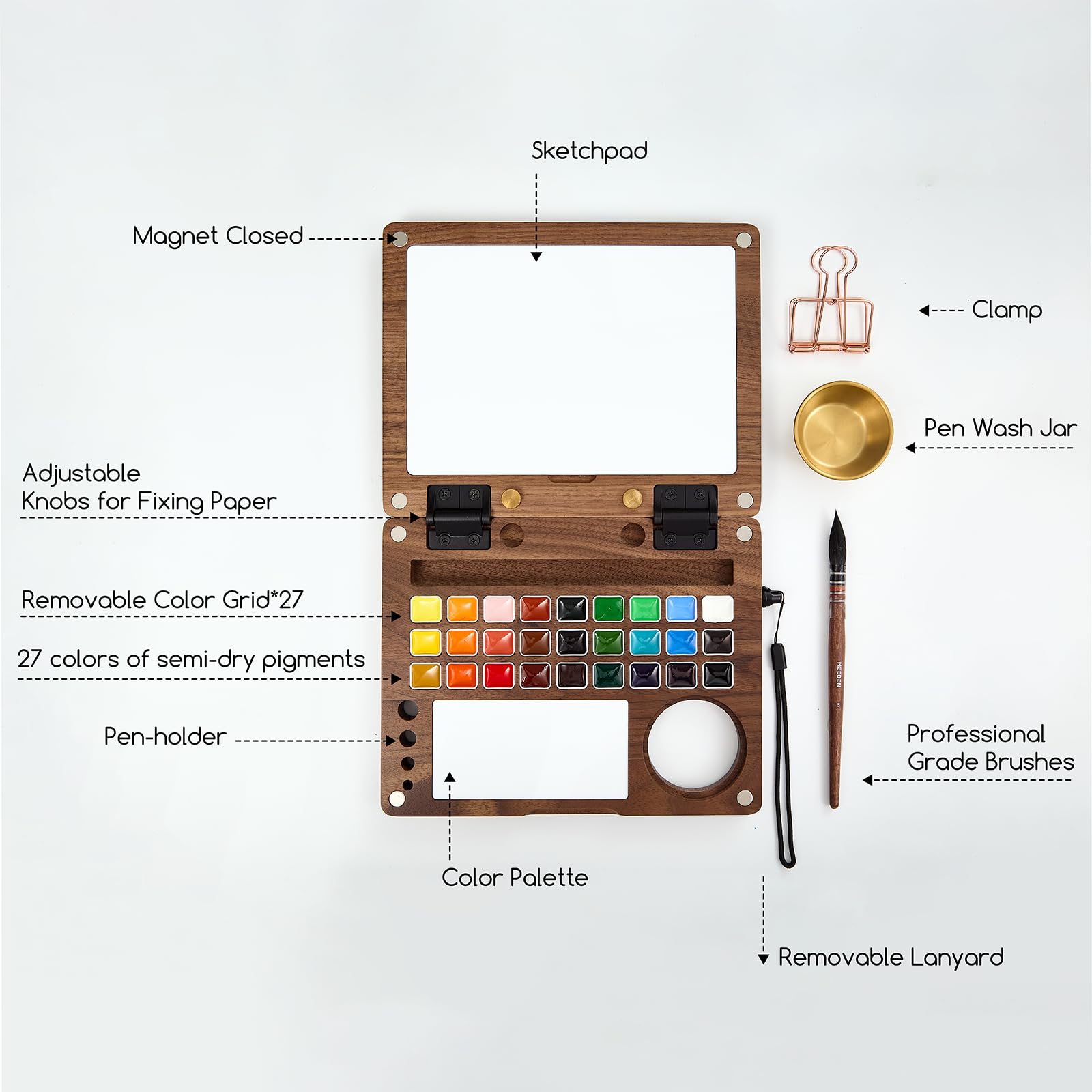 MEEDEN Juego de pintura de acuarela, colección de lujo de 27 colores con estuche de nogal negro, pinceles de pelo de ardilla natural y pinturas de grado artista, kit de acuarela de viaje perfecto para