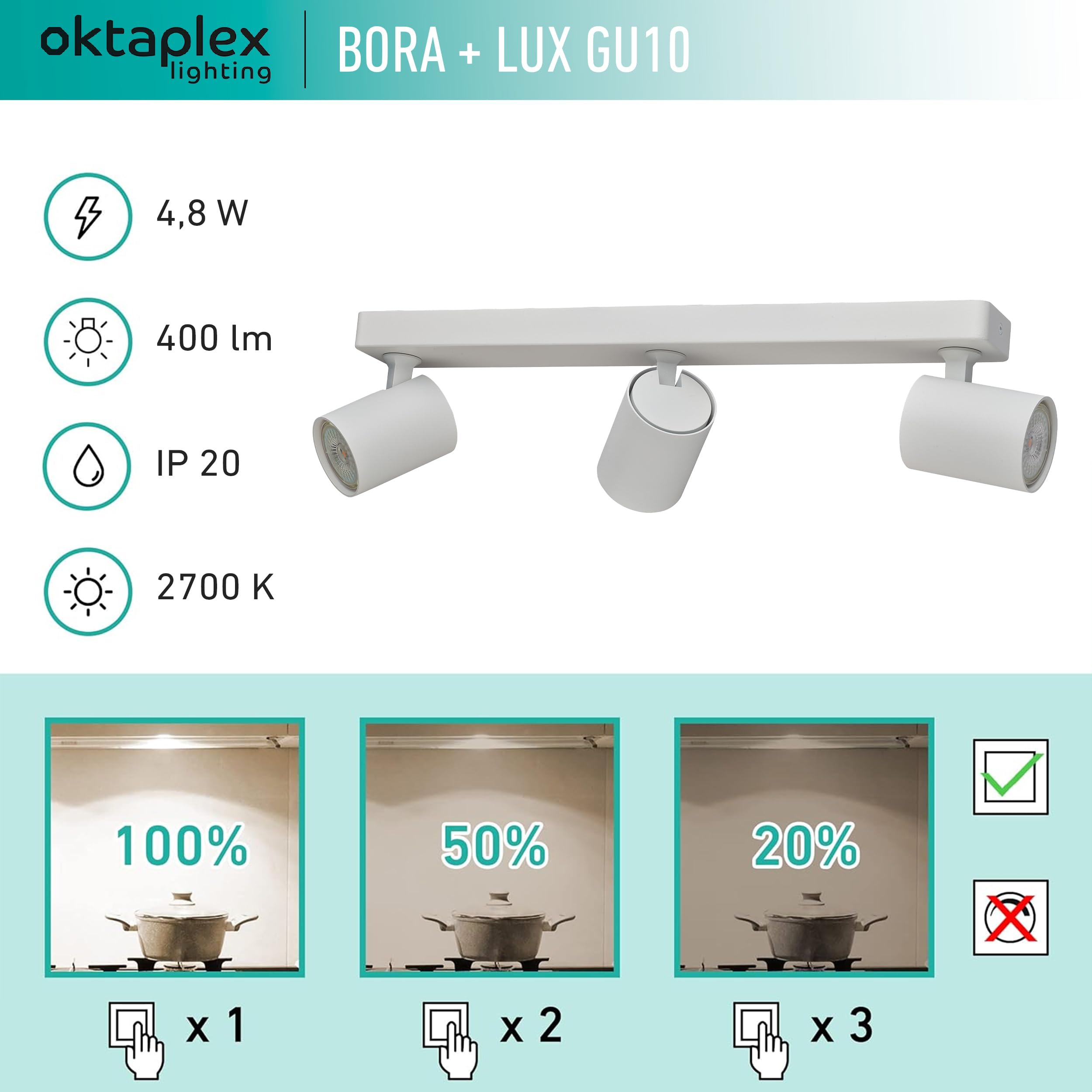 Oktaplex Bora Deckenstrahler 3-flammig weiß inkl. Leuchtmittel | 3-Stufen dimmbar GU10 400lm 2700K warmweiß 4,8W 230V - Spotbalken