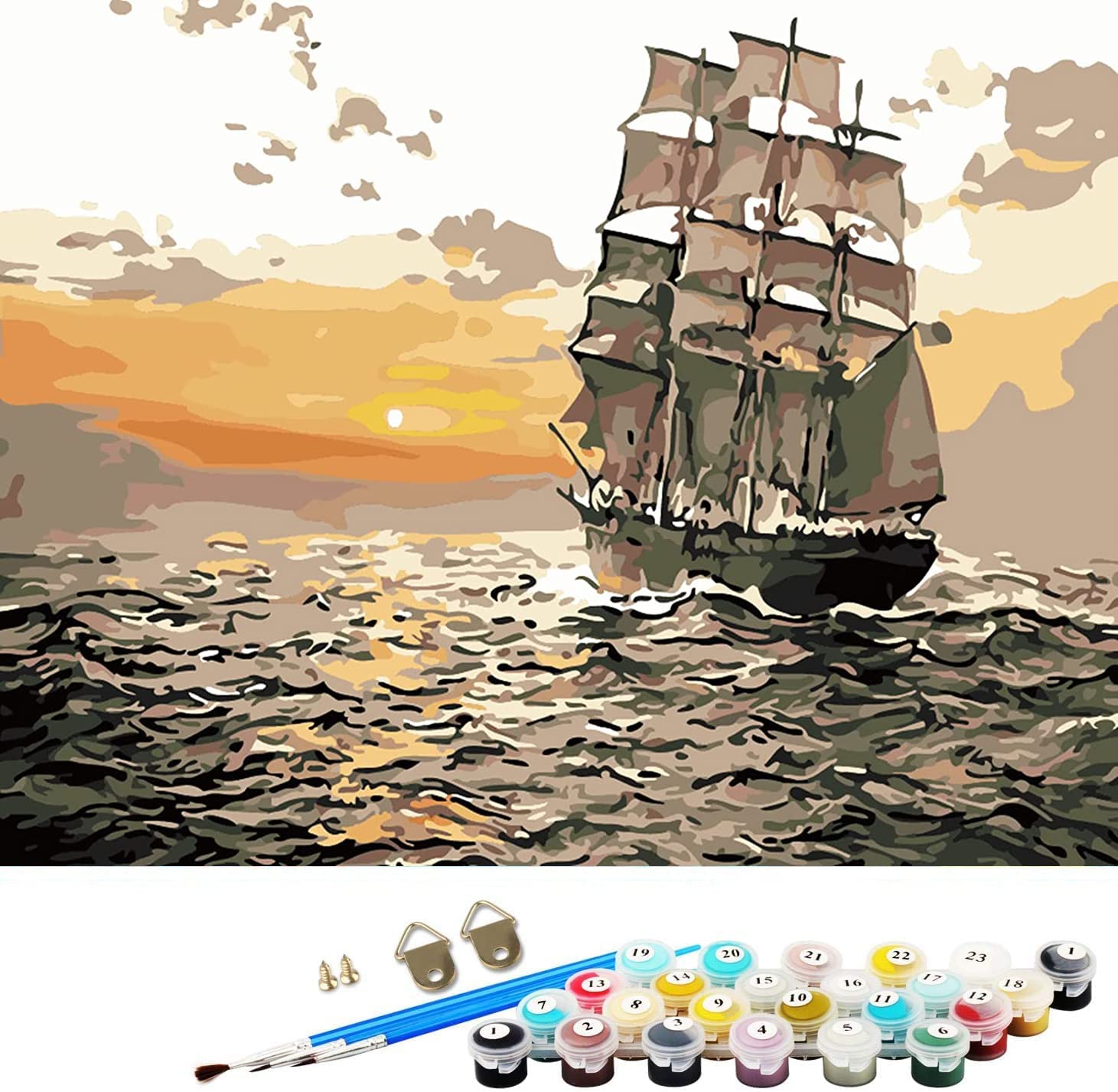 ABEUTY DIY Paint by Numbers for Adults Beginner - Sailboat Boat in The Sea 16x20 inches Number Painting Anti Stress Toys (Wooden Framed)