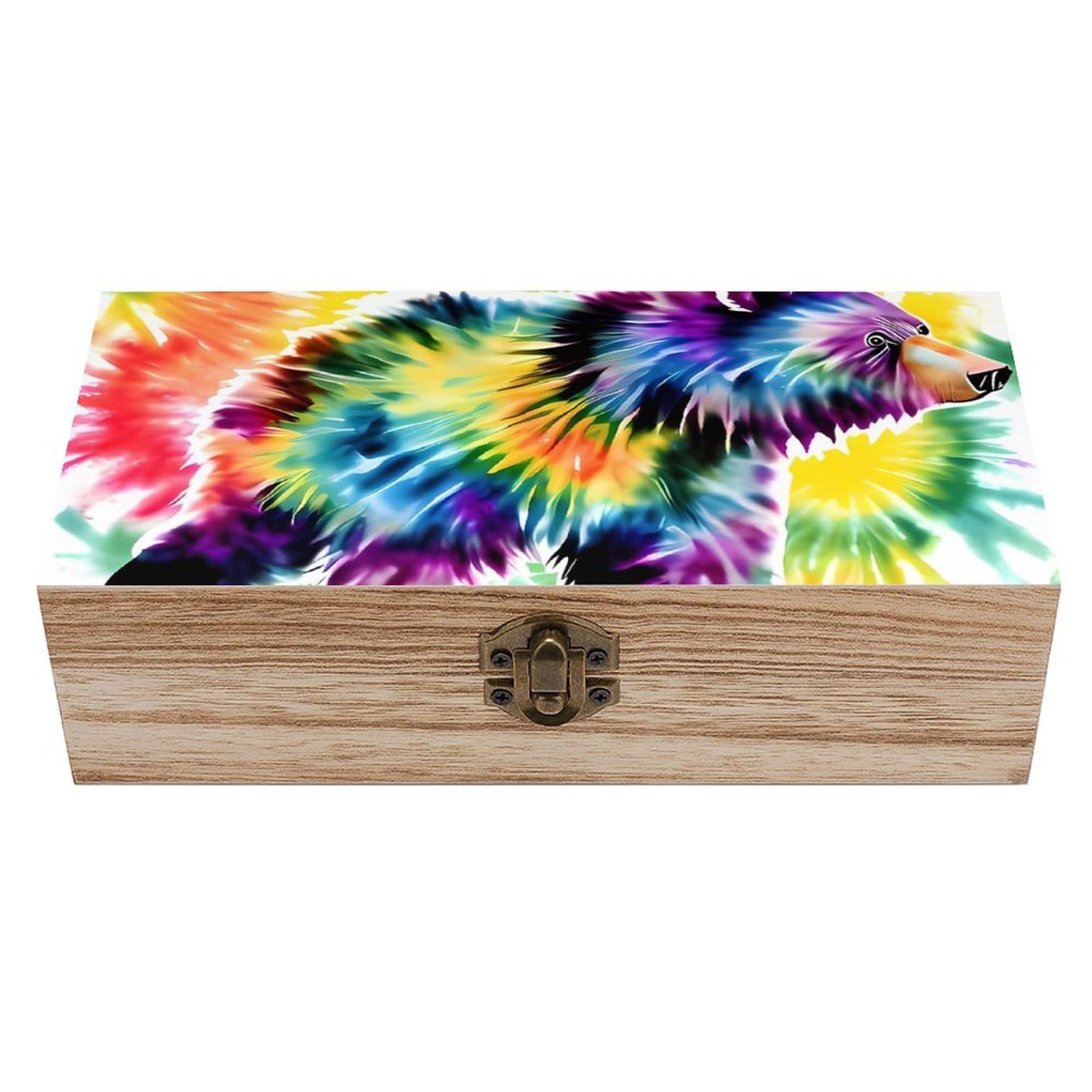 Boîte de rangement en bois avec couvercle imprimé tie-dye ours dansant pour souvenirs