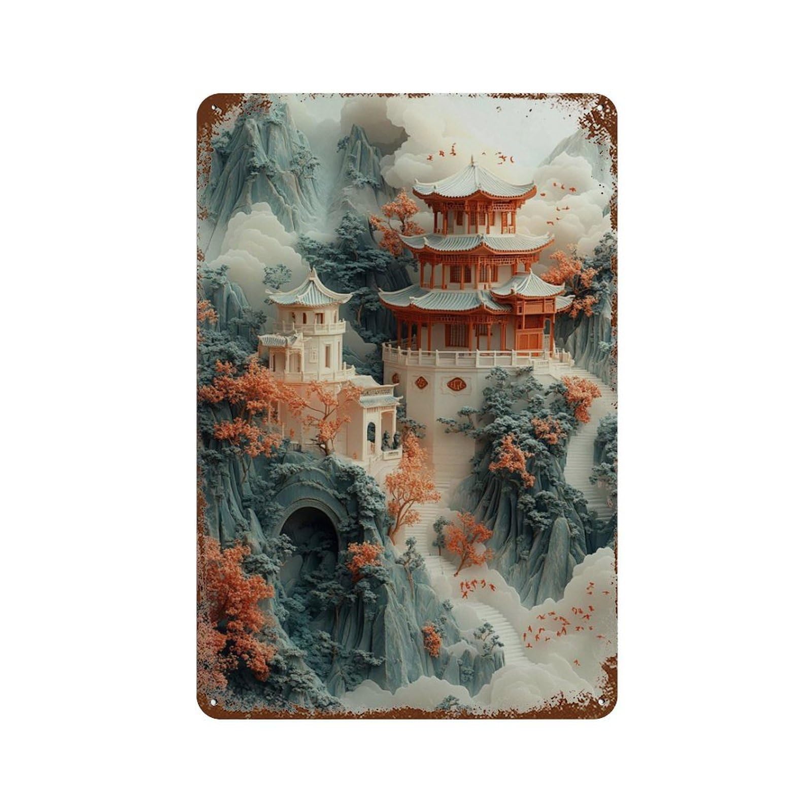 xiaoxiaoshen Ancient Temple in Clouds Oriental Landscape Red Pagoda Mountain Scene Wall Decor Art Metal Tin Poster Modern Home Decor Art Home Bar Shop Decorations Vintage Sign 30x20cm