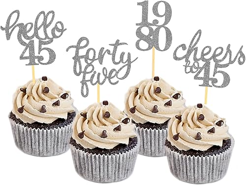Miniatura 1 de 24 decoraciones para cupcakes de cumpleaños 45 con purpurina para decorar tartas de cumpleaños número 45 para celebrar fiestas de cumpleaños de