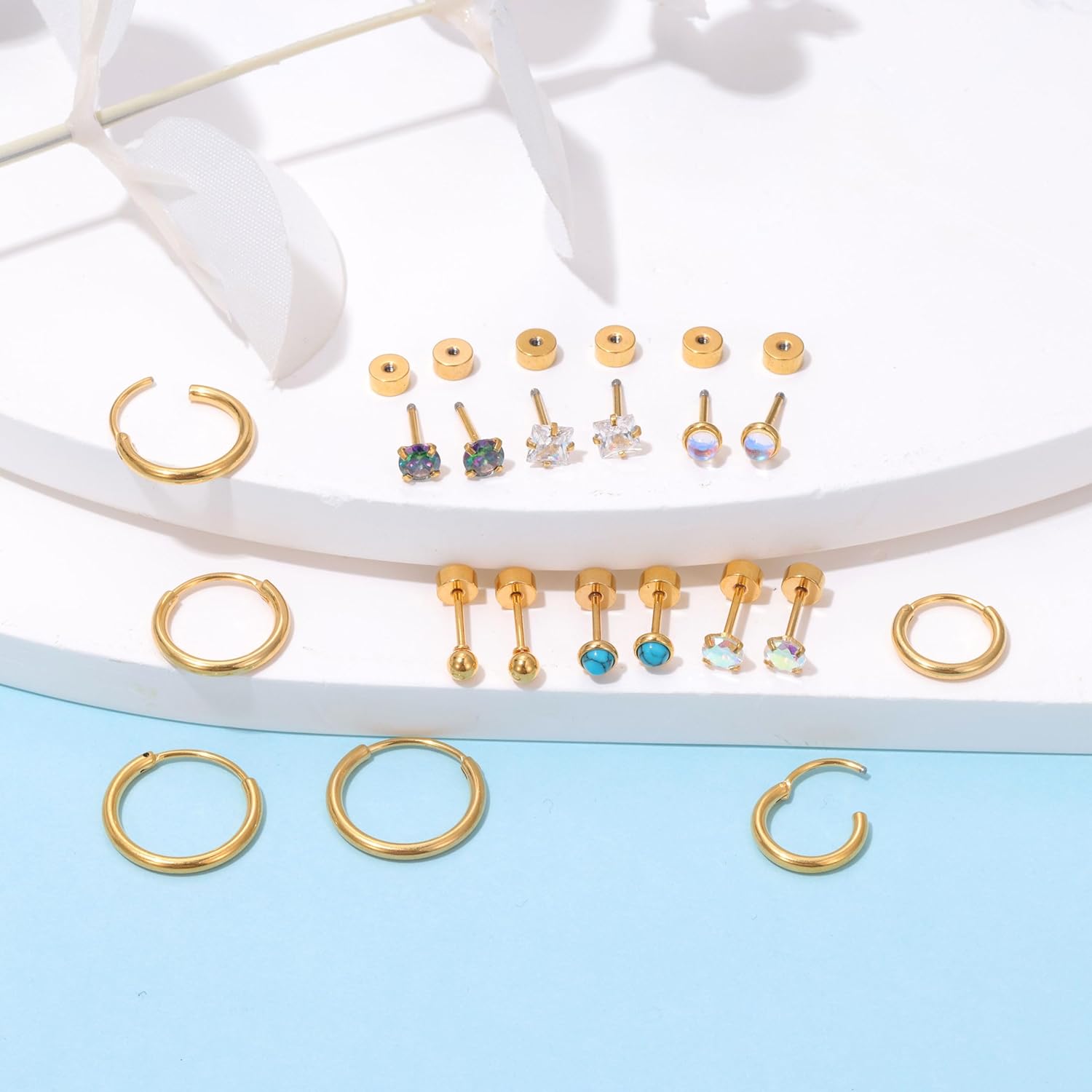 PLOMFOV Flat Back Earrings Gold Earrings for Women Men Stainless Steel Earrings Set CZ Heart Opal Surgical Steel Earrings Gold Studs 20G Cartilage Hoop Earrings Hypoallergenic for Sensitive Ears - Image 7