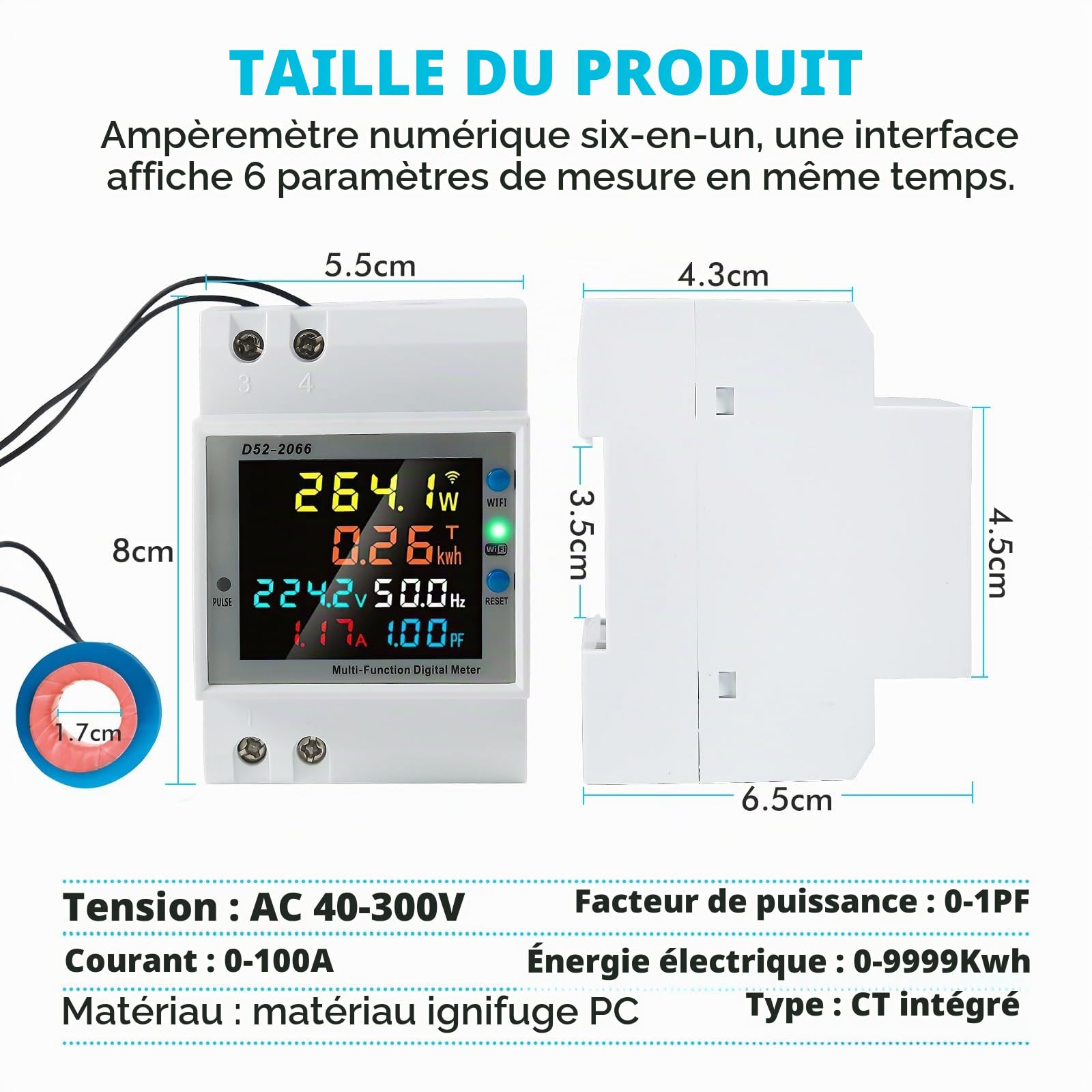 Jadeshay WiFi Compteur d'Énergie Monophasé, 6 en 1 Compteur Electrique Wattmetre Wifi LCD Voltmètre Ampèremètre Numérique pour Rail DIN Compteur KWh AC40-300V 100A(CT externe)