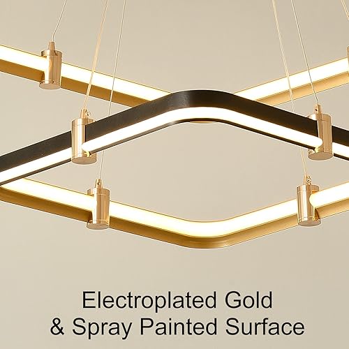 Miniatura 3 de Siittoo Lámpara de Araña Negra Moderna Luminaria para Comedor, Lámpara Colgante LED Regulable Moderna de 96W, Lámpara de Araña Rectangular de 2