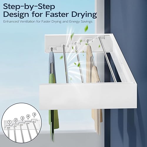 Miniatura 5 de Wall Mounted Foldable Clothes Drying Rack, 32-Inch Wide, 5 Stainless Steel Rods, Space-Saving Laundry Drying Rack with Wall Template, White