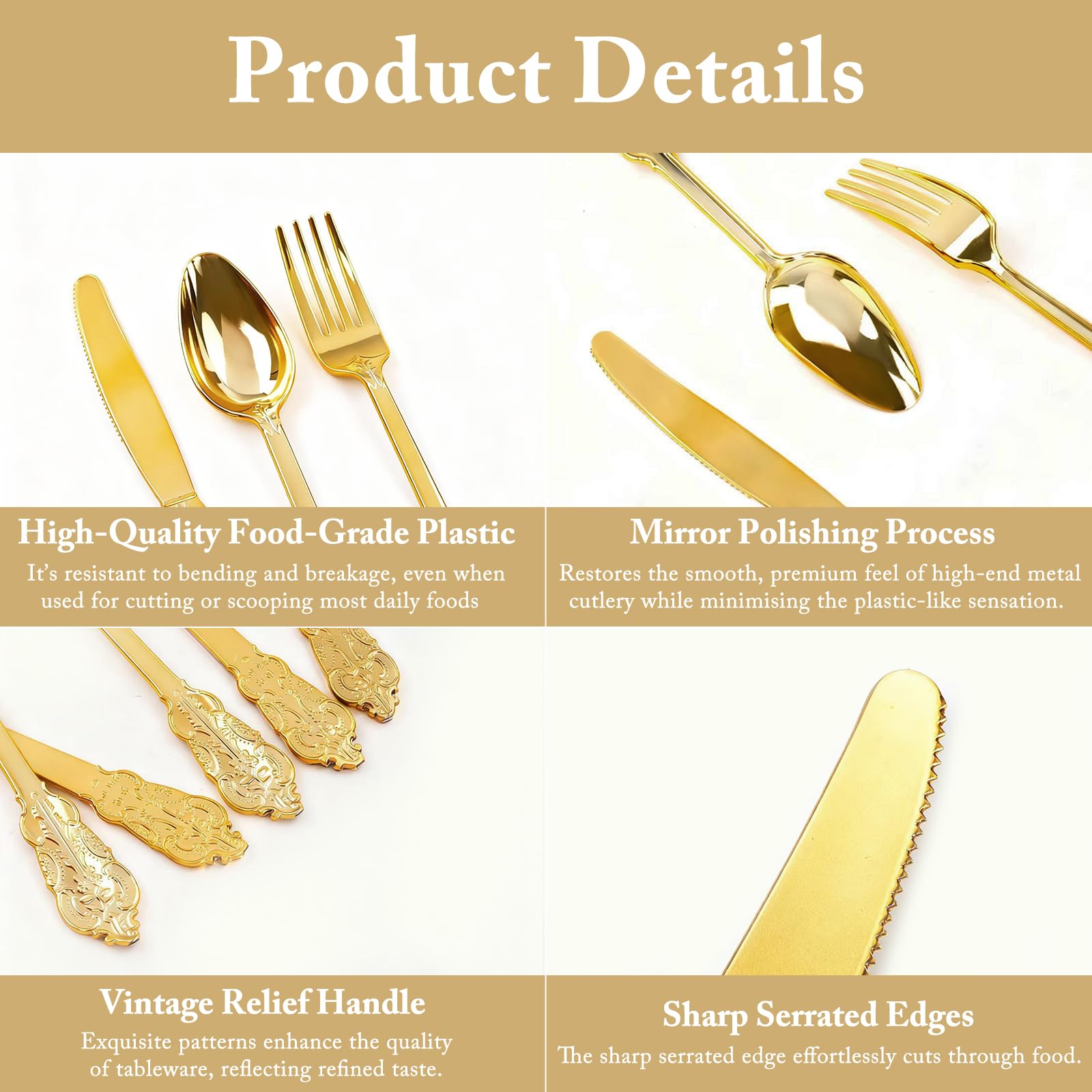Juego de cubiertos de plástico dorado vintage de 180 piezas, 60 cuchillos, tenedores y cucharas | Lavable, reutilizable, resistente. Cubiertos pulidos. Duradero y elegante para bodas, fiestas de cumpleaños, eventos