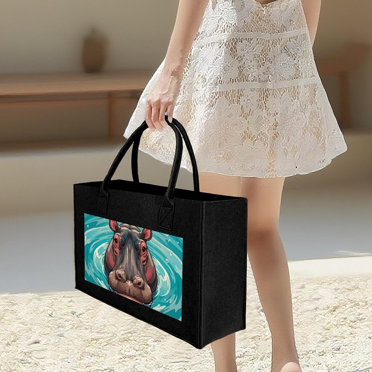 Cute Hippopotamus Tote Bag for Unisex, Large Felt Shopping Bag with Handles, Handbag, Reusable Gift Bag