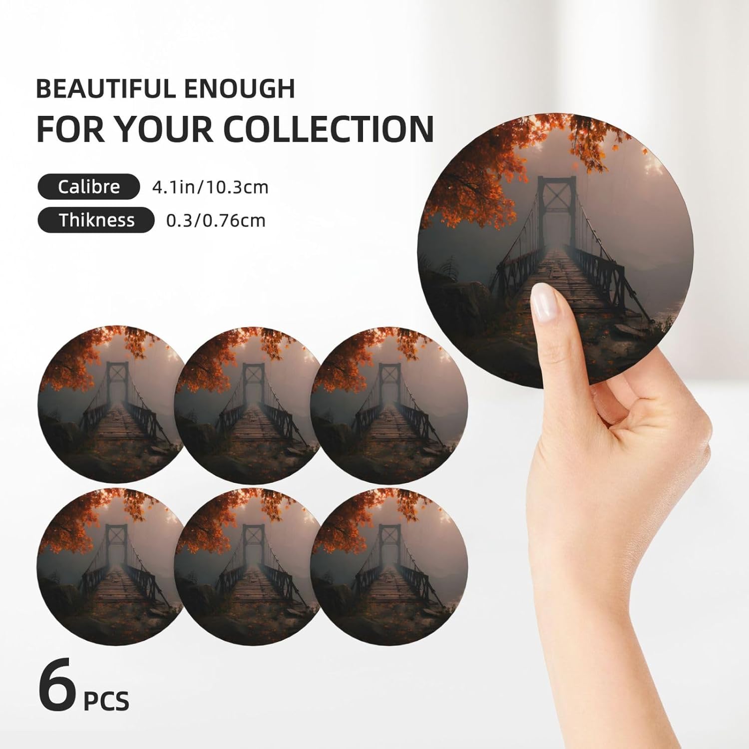 (Bridge) Ceramic Coasters Set of 6 with Holder Non-Slip Round Coffee Coasters for for Cup Mug Drink Patio Coffee Table Decor, Christmas Coasters Home Bar Supplies