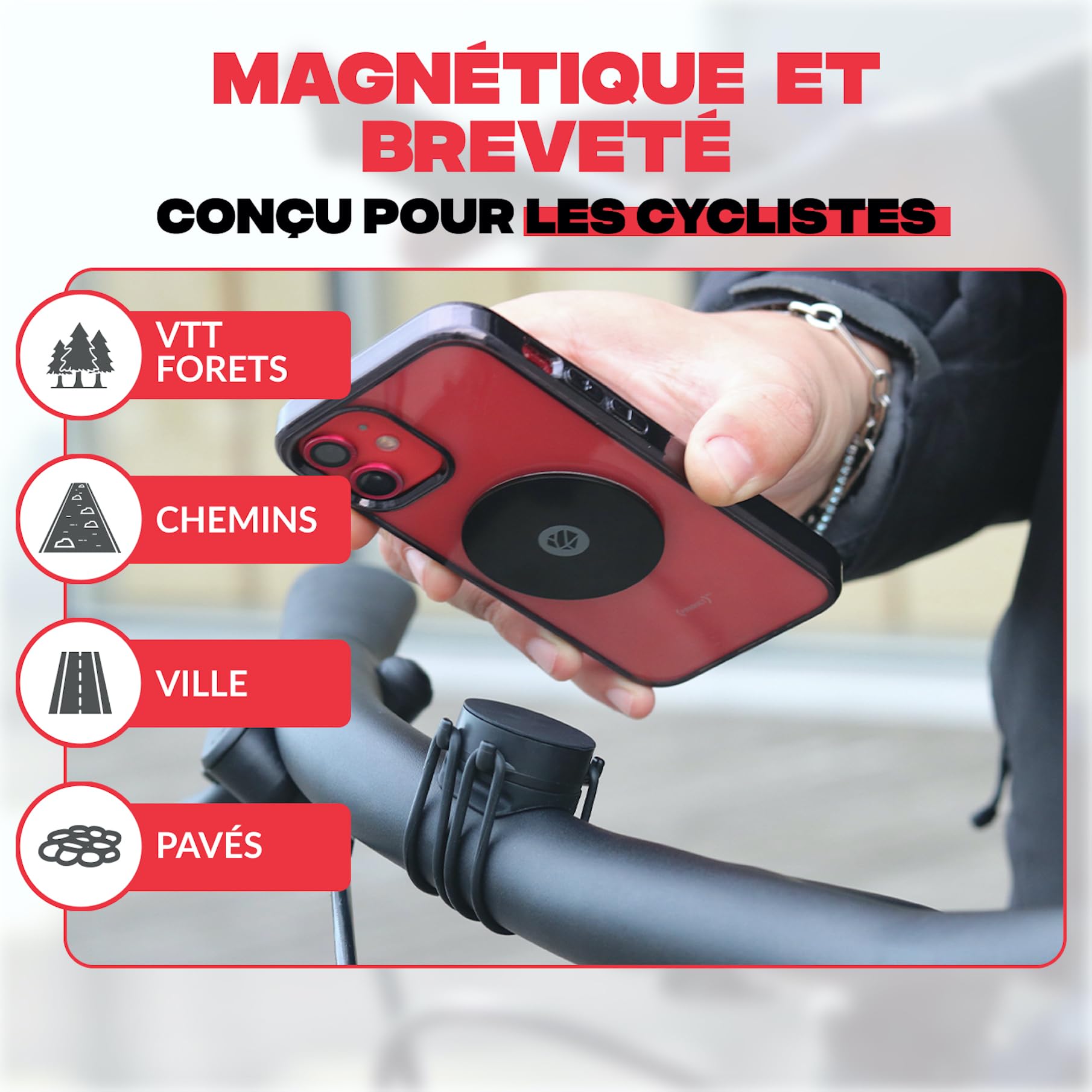 Shapeheart Support Téléphone Vélo Magnétique - Pose et Retire en Une Main - Fixation Guidon Universelle pour VTT, Moto, Trottinette - Plaque Métallique Incluse - Maintien Stable, Rapide et Amovible