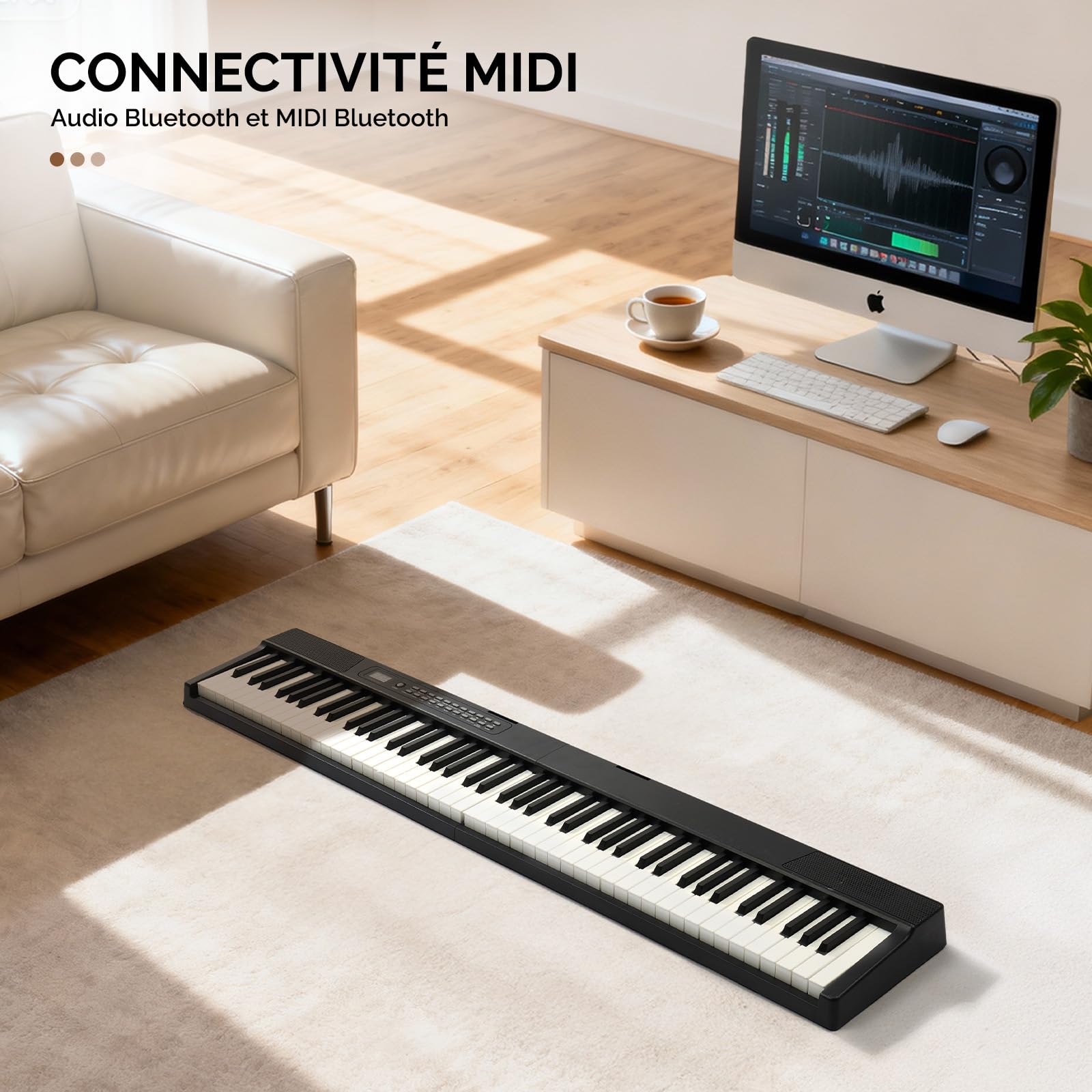 Bonnlo Piano Numérique Pliable GPPS01-106 à 88 touches, Clavier Semi-Lesté Standard, avec MIDI, Bluetooth, Sac à Main et Casque Audio Inclus, Noir