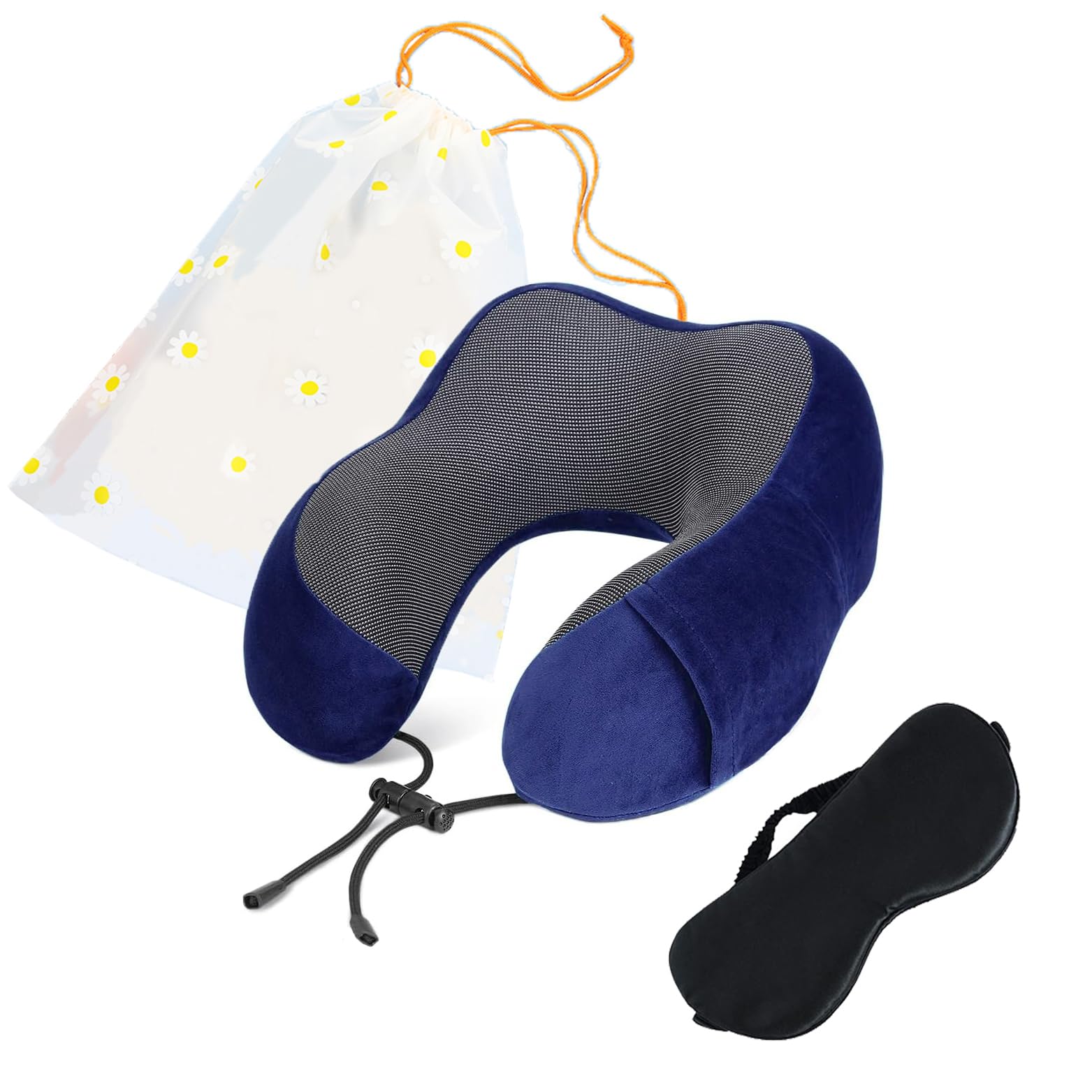 U Shaped Pillow Memory Foam Neck And Head Support Pillows Airplane Travel Kit With Silk Satin Eye Mask (Royal Navy)