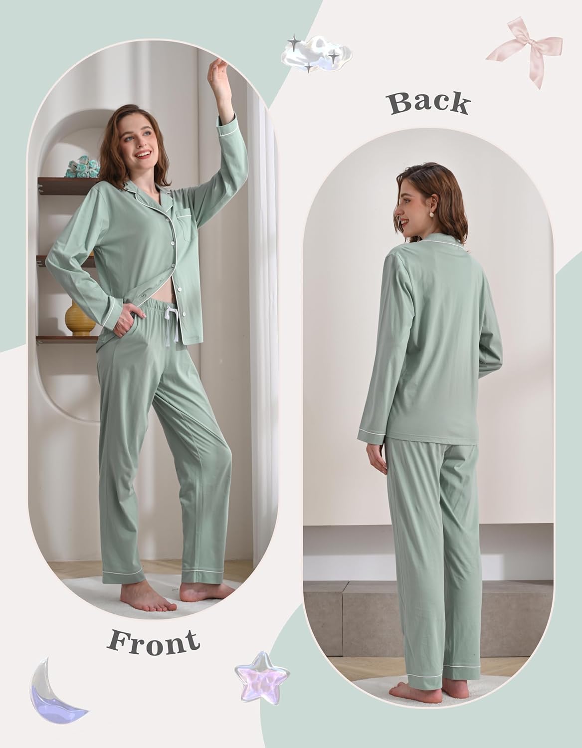 100% Cotton Pajamas for Women Set 2 Piece Soft Long Sleeve PJs Button Down with Breathable Loungewear XS-XXL - Image 6