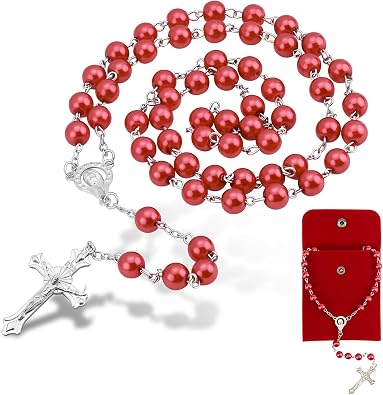 Red Rosary Beads for Women - Catholic Rosary Beads with Cross, Red Rosary Necklace with Velvet Pouch, Religious Gifts for Women
