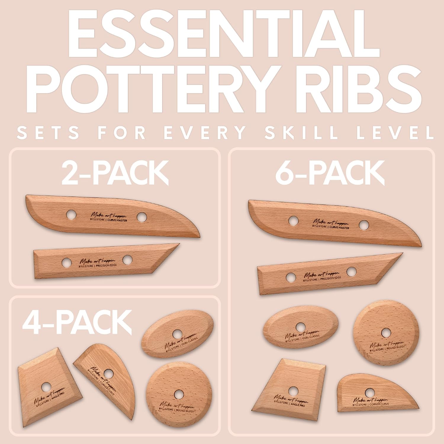 Byllstore Essential Pottery Ribs for Clay | Shaping & Smoothing Tools | Solid Beech Wood | 6-Pack