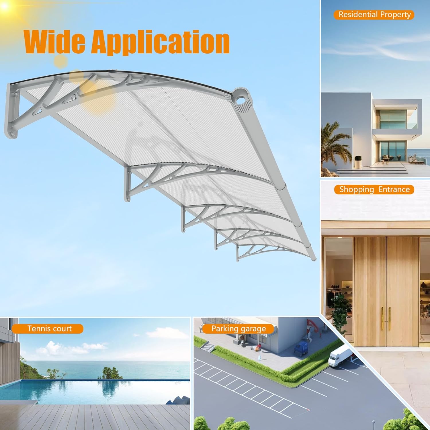 Window Awning Door Canopy 40"x48", Awnings for Doors Polycarbonate Cover Patio Door Awning UV Rain Snow Sunlight Protection Hollow Sheet with Separate Drainage Sink, Gray Bracket & Transparent Board