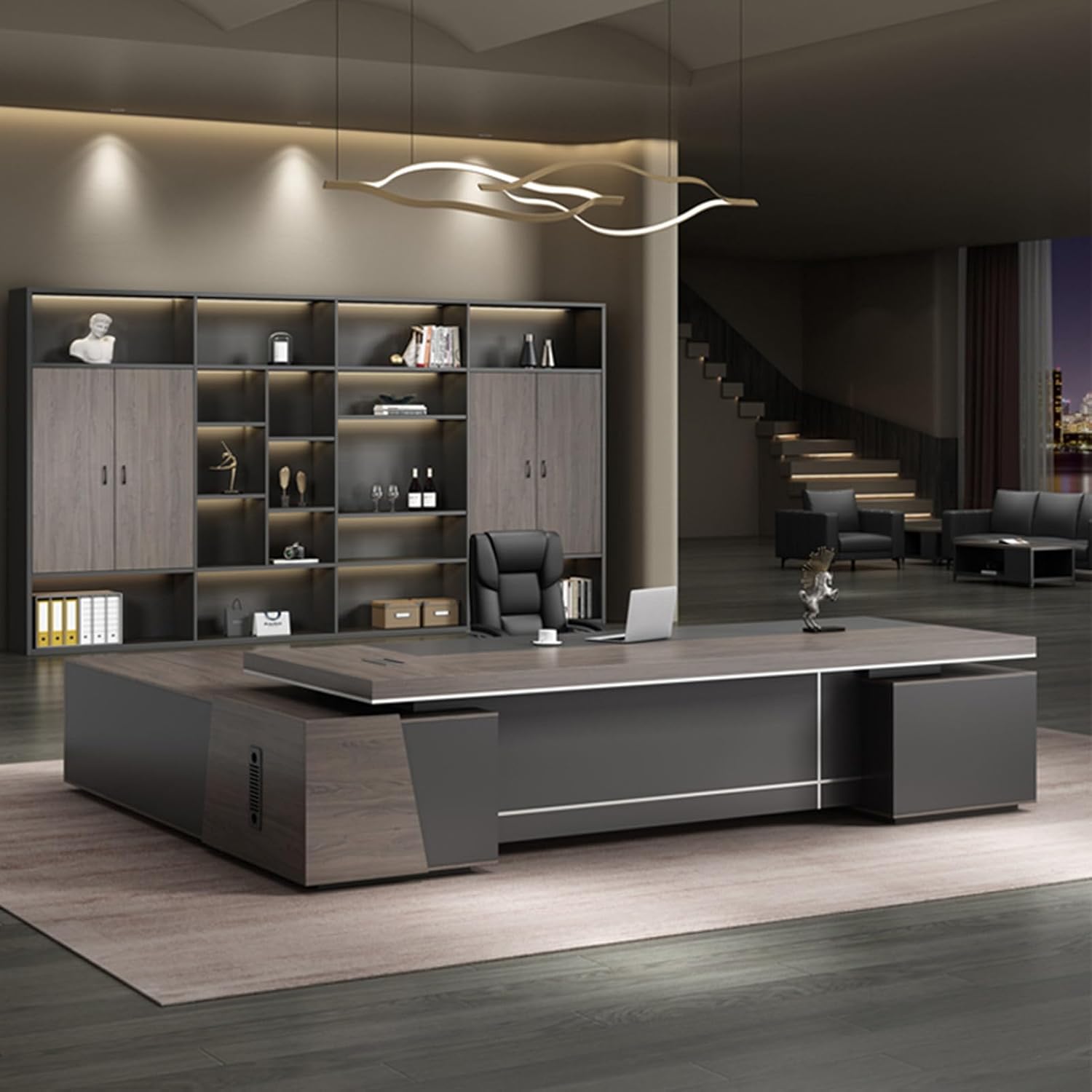 Wood L-Shaped Computer Desk Executive Office Desk with Lateral Cabinet Study Writing Table Business Furniture Set