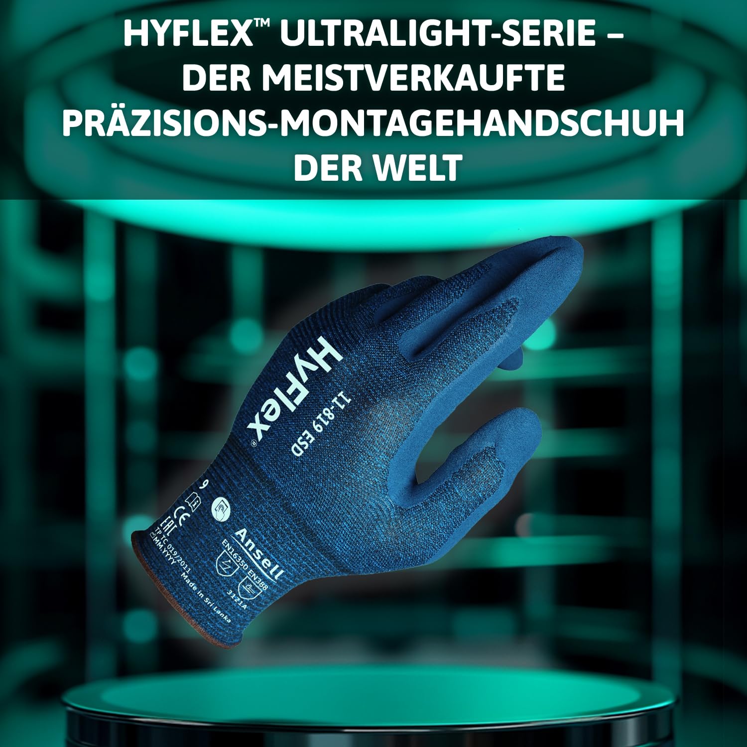 Ansell HyFlex 11-819 Dünne Arbeitshandschuhe, Rutschfeste Nitril-Beschichtung, Schutzhandschuhe vor Elektrostatischen Entladungen, Antistatisch, TouchScreen, Blau, Größe L (12 Paar)