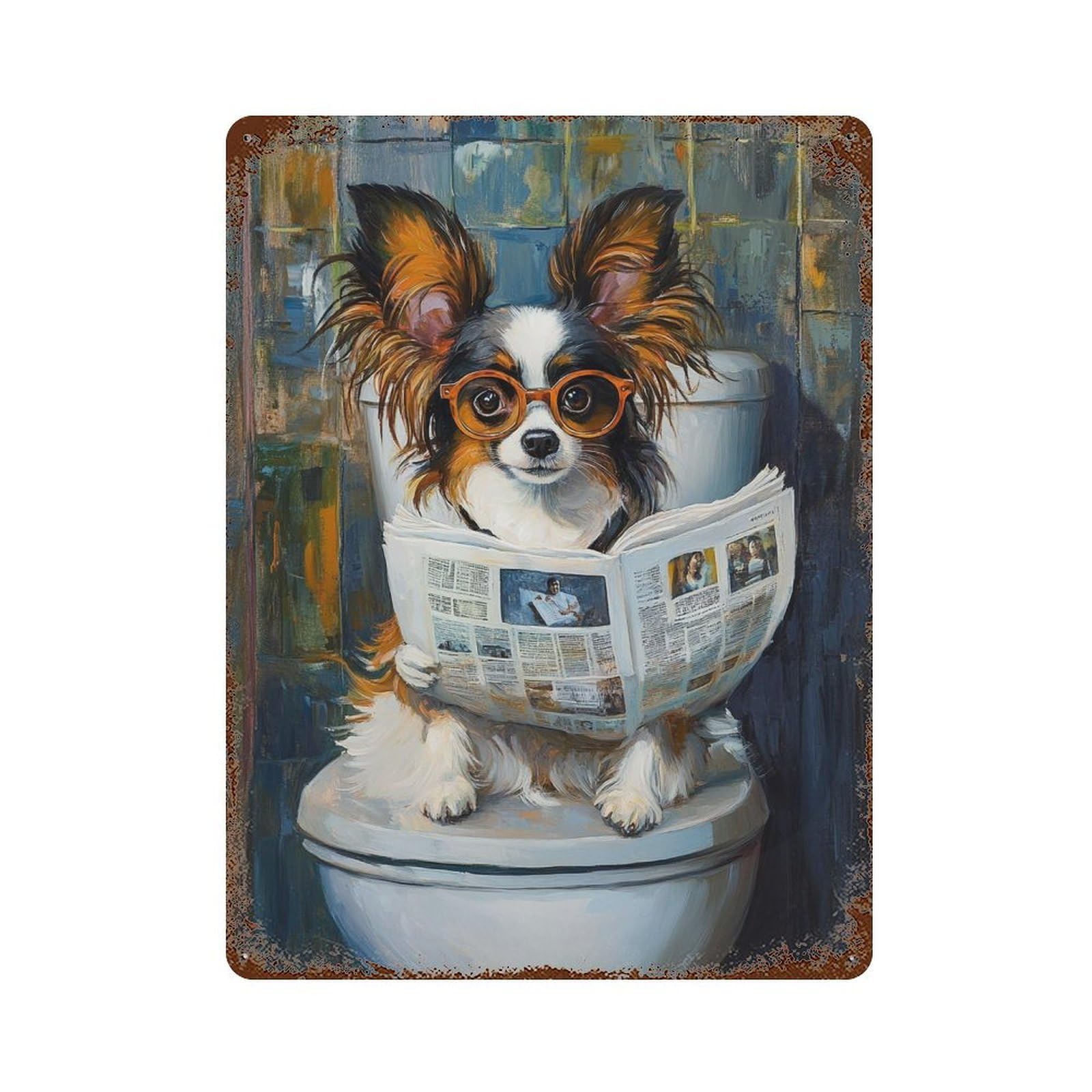 Rust Effect Dog Reading Newspaper on Toilet-48 Rusty Metal Tin Sign 15.7"x11.8", Farmhouse Wall Decor for Cafe, Home Bar And Lounge Decor
