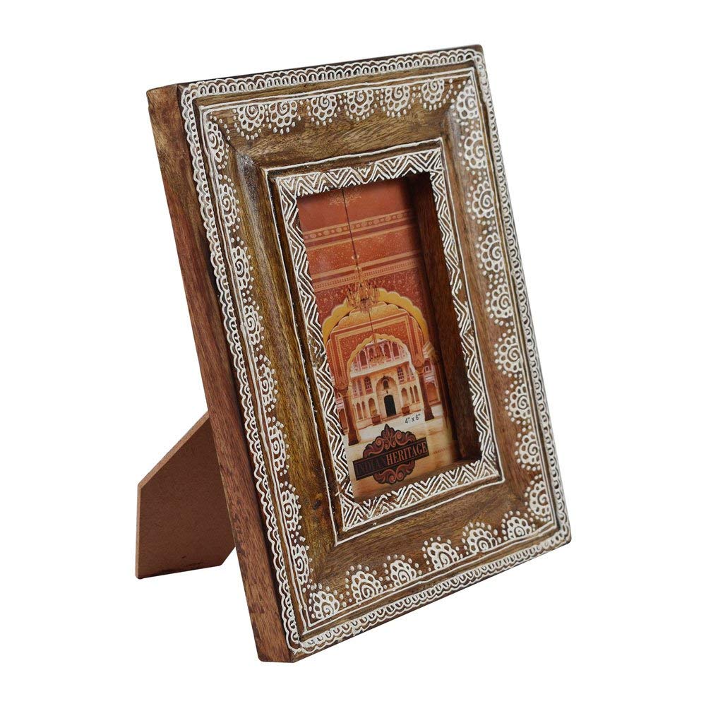 Indian Heritage Wooden Photo Frame 4x6 Mango Wood in Dark Wood Finish with White Henna Painting