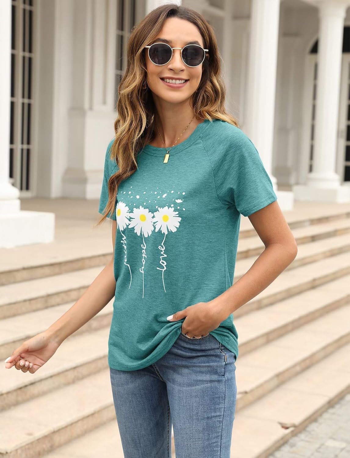 EADINVE Women Crewneck Daisy Print Short Sleeve T-Shirts Summer Faith-Hope-Love Tees Loose Fit Graphic Tops 2026 - Image 2