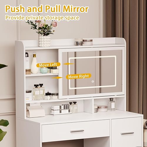 Miniatura 3 de Vanity Desk with a Mirror and Lights，with Chair and Four Drawers, Three Adjustable Lighting Modes，with Power Outlet and Sliding LED Mirror,Bedroom