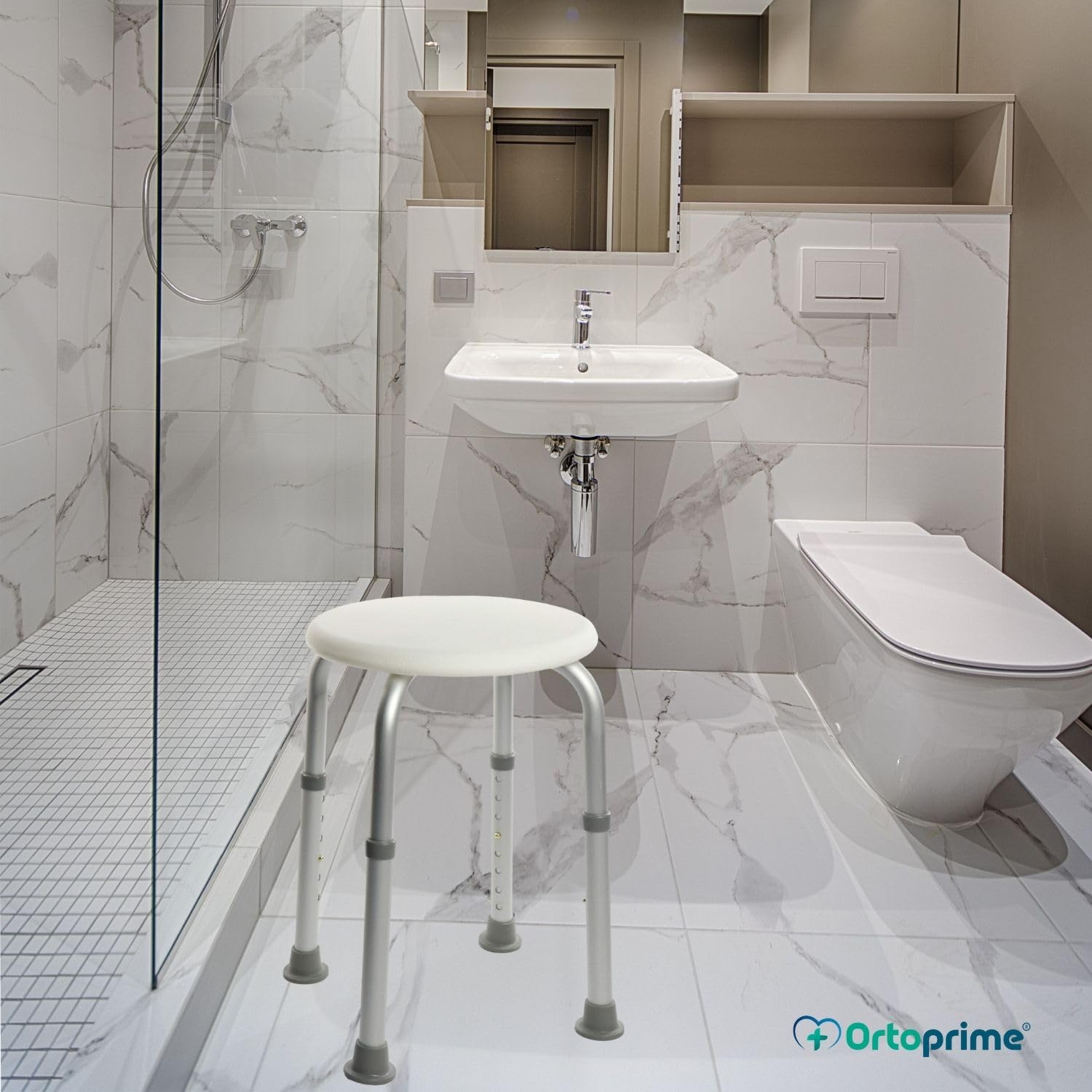 OrtoPrime sgabello da doccia per anziani rotondo – Sedia per doccia regolabile in altezza – Sgabello da bagno antiscivolo per adulti e anziani – Sedia doccia ergonomica leggera e sicura