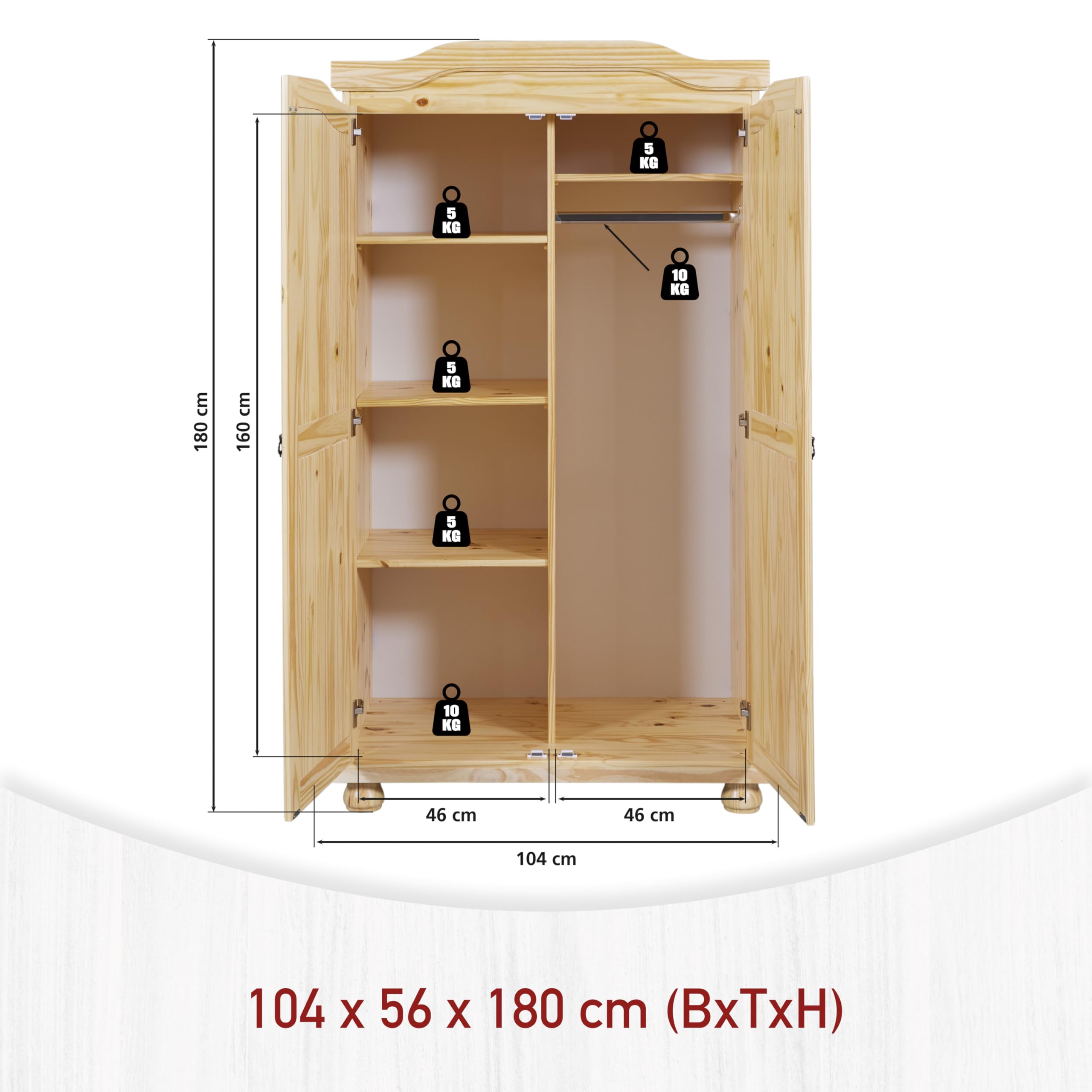 Inter Link - Armadio rustico - Armadio da camera 2 ante - 1 spazio per appendere e 5 nicchie - Armadio in pino massiccio - Vernice naturale - L :104 x P :56 x H :180 cm - Genf