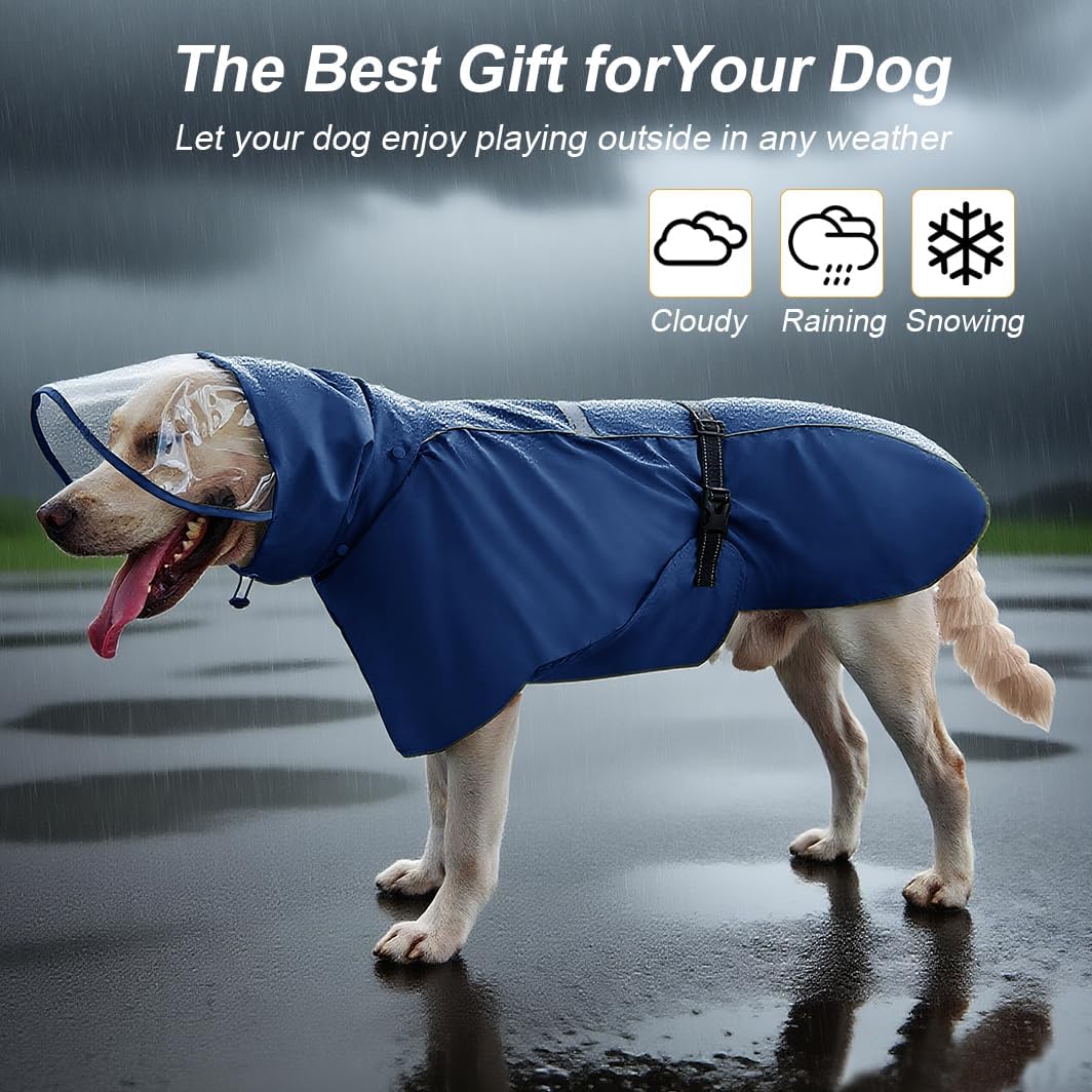 Pet Dog Raincoat Jacket Large Dog Rain Poncho with Transparent Hood, Double-Layer Structure, Adjustable, Waterproof, and Reflective, Suitable for Medium to Large (Dark Blue, 6XL)