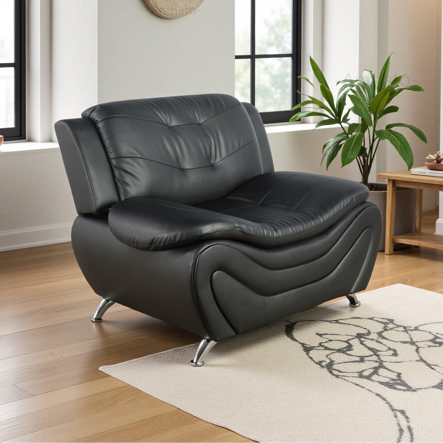 Black Leather Armchair for Living Room Furniture Set, Reading Accent Chairs, Single Sofa Chair with Metal Legs for Living Room/Office/Bedroom, Black#1