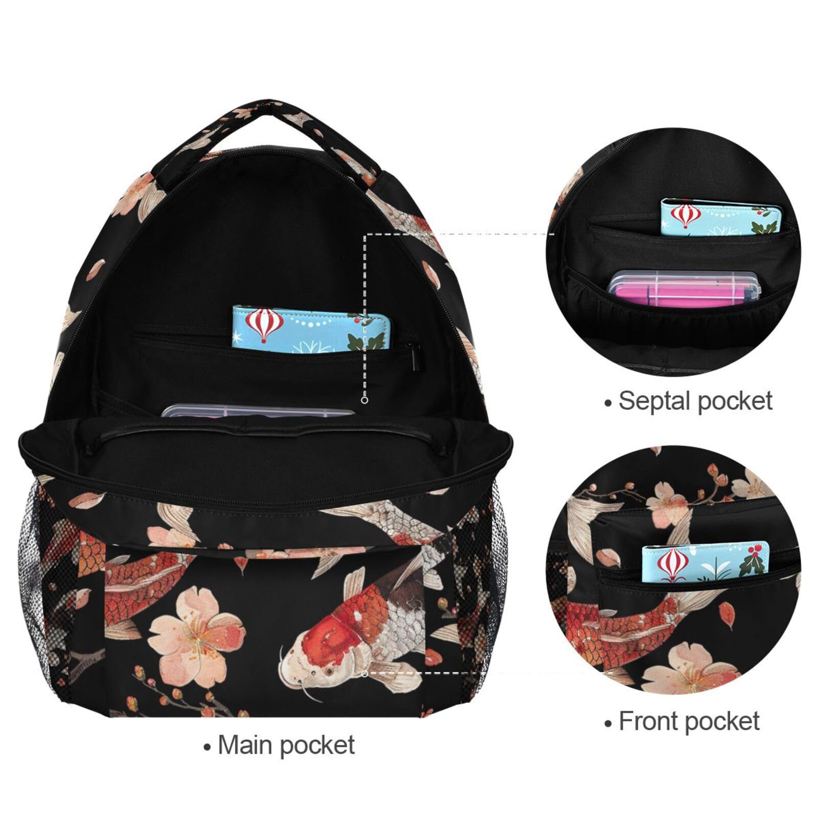 Fiori Di Pesce Koi Elegante Nuoto Zaino Scolastico per Ragazzi Ragazze,Borse per Libri e Studenti Alla Moda