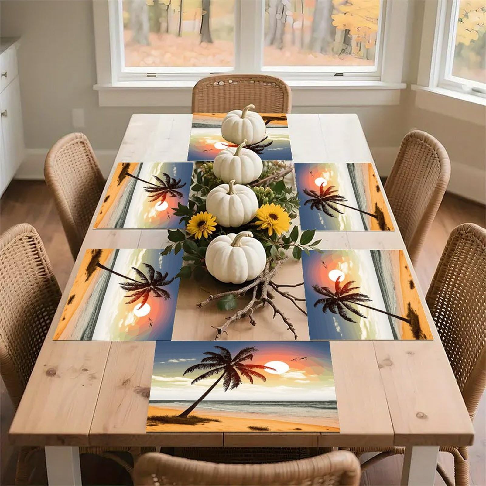 Palm Tree on Beach Placemats Heat-Resistant Washable Place Mats Anti Slip Dining Table Place Mats Wipeable Dining Table Mats Kitchen Decoration Placemats 17.7’’×11.8’’