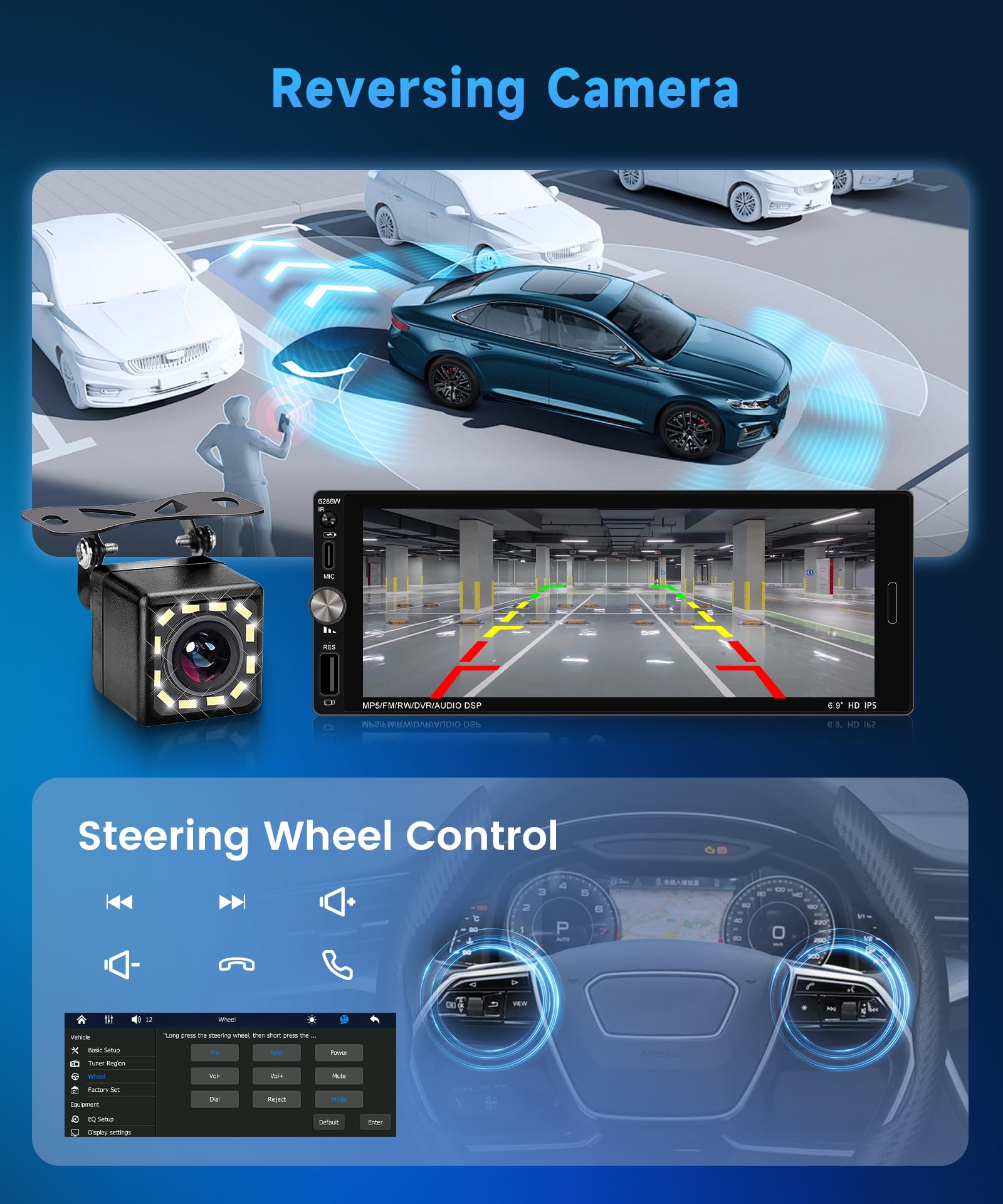Rimoody Autoradio 1 Din Carplay Android Auto Wireless, 6.9'' IPS Touchscreen Stereo Carplay 1 Din con Mirror Link Vivavoce Bluetooth FM EQ Tipo-C USB Controllo del Volante Retrocamera Microfono