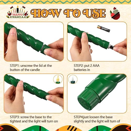 Miniatura 4 de BBTO Kwanzaa Kinara - Juego de 7 portavelas de madera con velas LED sin llama, sin humo y de larga duración, velas eléctricas a pilas para