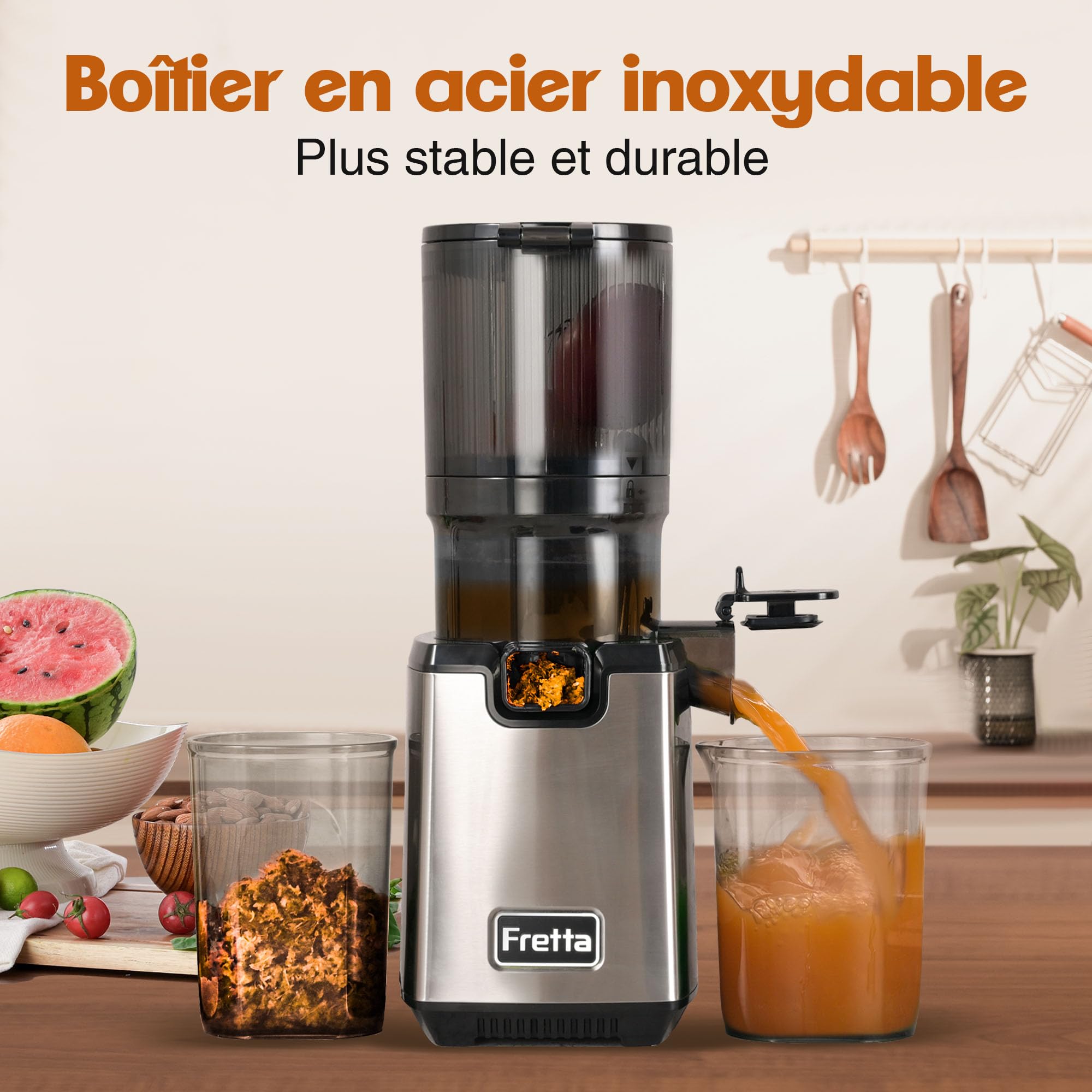 Fretta Extracteur de Jus à Mastication Lente 250W, Grande Goulotte 135mm, Sans BPA, Acier Inoxydable