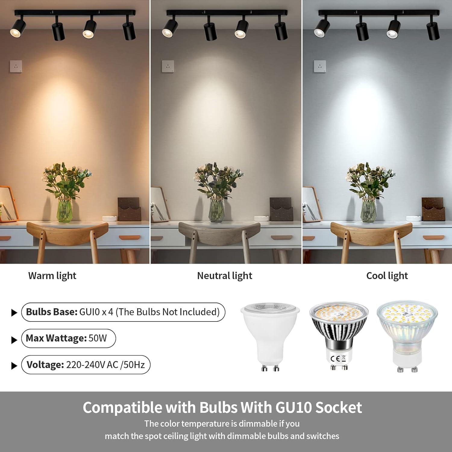 Wowatt Lampada Faretti da soffitto Orientabili, Attacco per 4 lampadine GU10 non Incluse, Moderna Plafoniera LED Nero Lampada da Soffitto Faretti da Parete Interno per Salotto Camera da Letto o Cucina | Lampadario Faretti Orientabili Interno, Binario Lamp