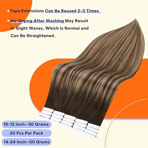 Miniatura 3 de Fshine Extensiones de cabello humano con cinta adhesiva, balayage, color degradado 2, marrón oscuro que se desvanece a rubio miel 3 y 27, con cinta