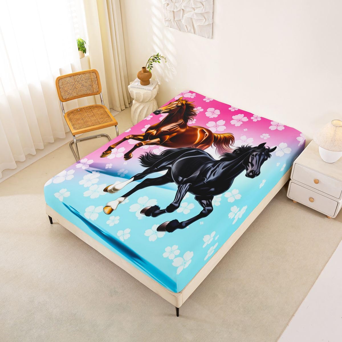 Homemissing Sábana bajera ajustable de 16 pulgadas de profundidad con diseño de caballo galopante para niños y niñas, con 2 fundas de almohada, para decoración de habitación