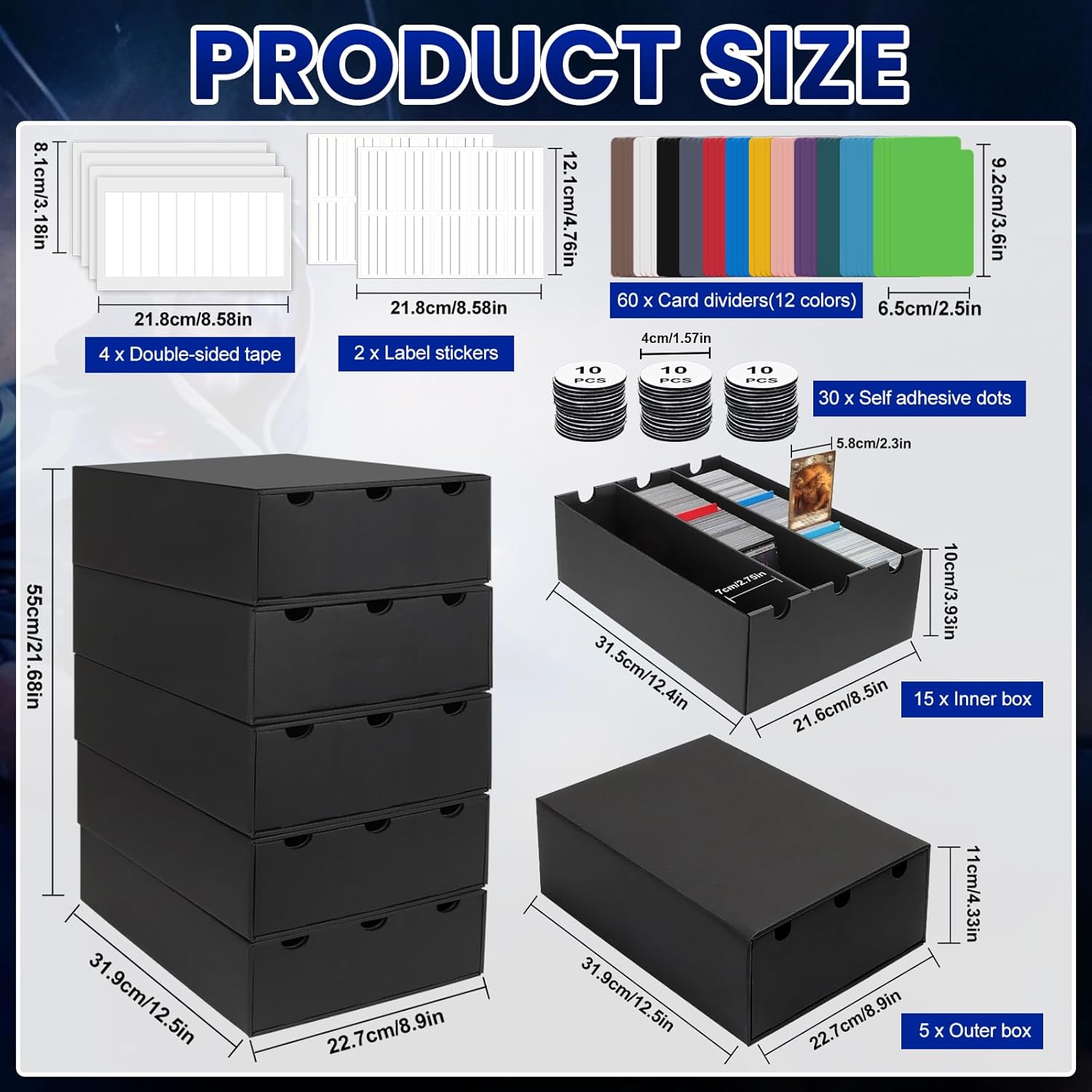 AOBOPLE Trading Card Storage Box,15000+ Cardboard Sports Card Boxes with 60 Card Dividers,Labels and Tape,Baseball Card Boxes Bulk Card Storage for MTG TCG PTCG Sport Cards