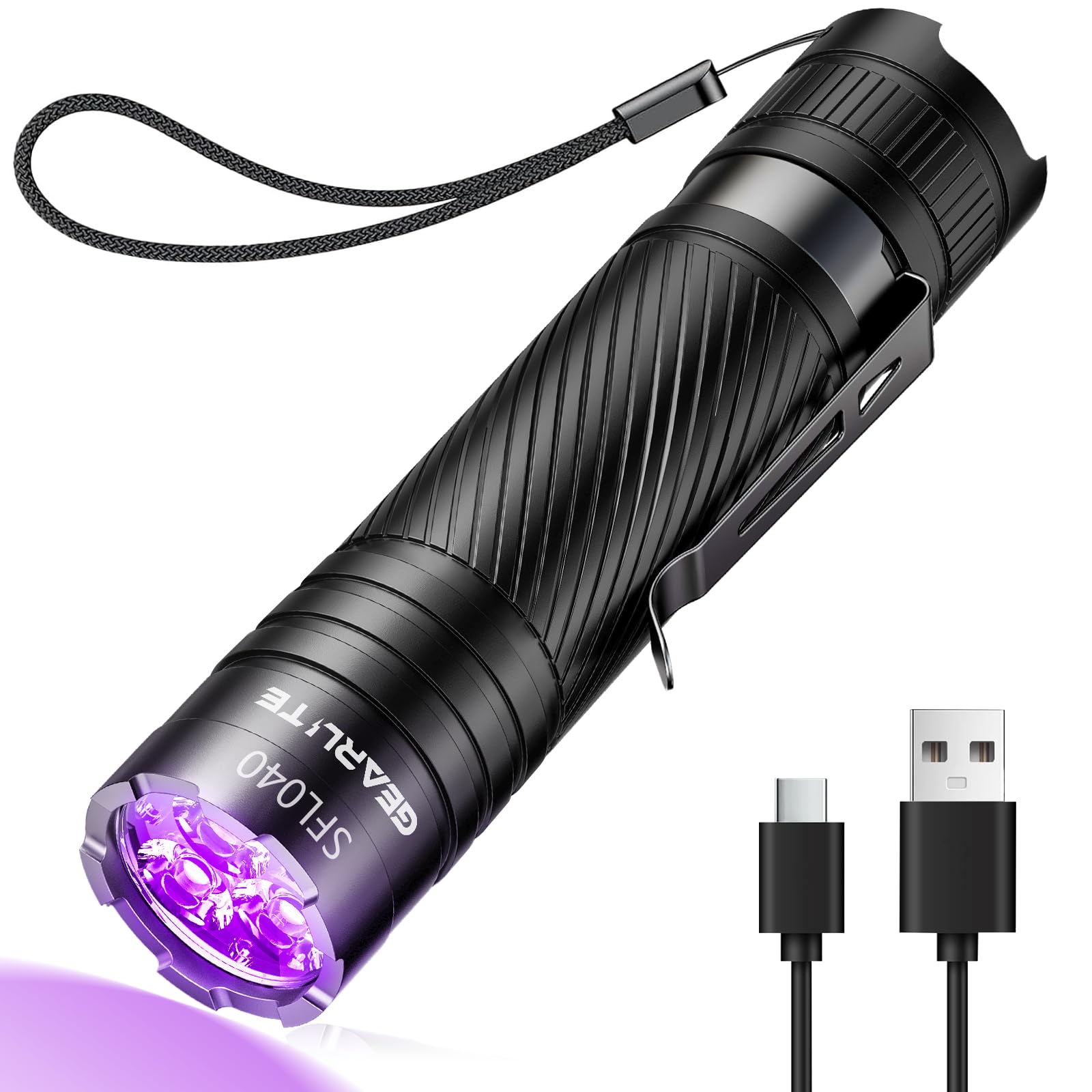 GEARLITE Wiederaufladbar UV Schwarzlicht Taschenlampe, Leicht Mini UV Lampe Ultraviolettes Licht mit 3LED 395nm Robust Wasserfest für Bernsteinsuche Geocaching Heimtierurindetektoren Unechte Banknoten