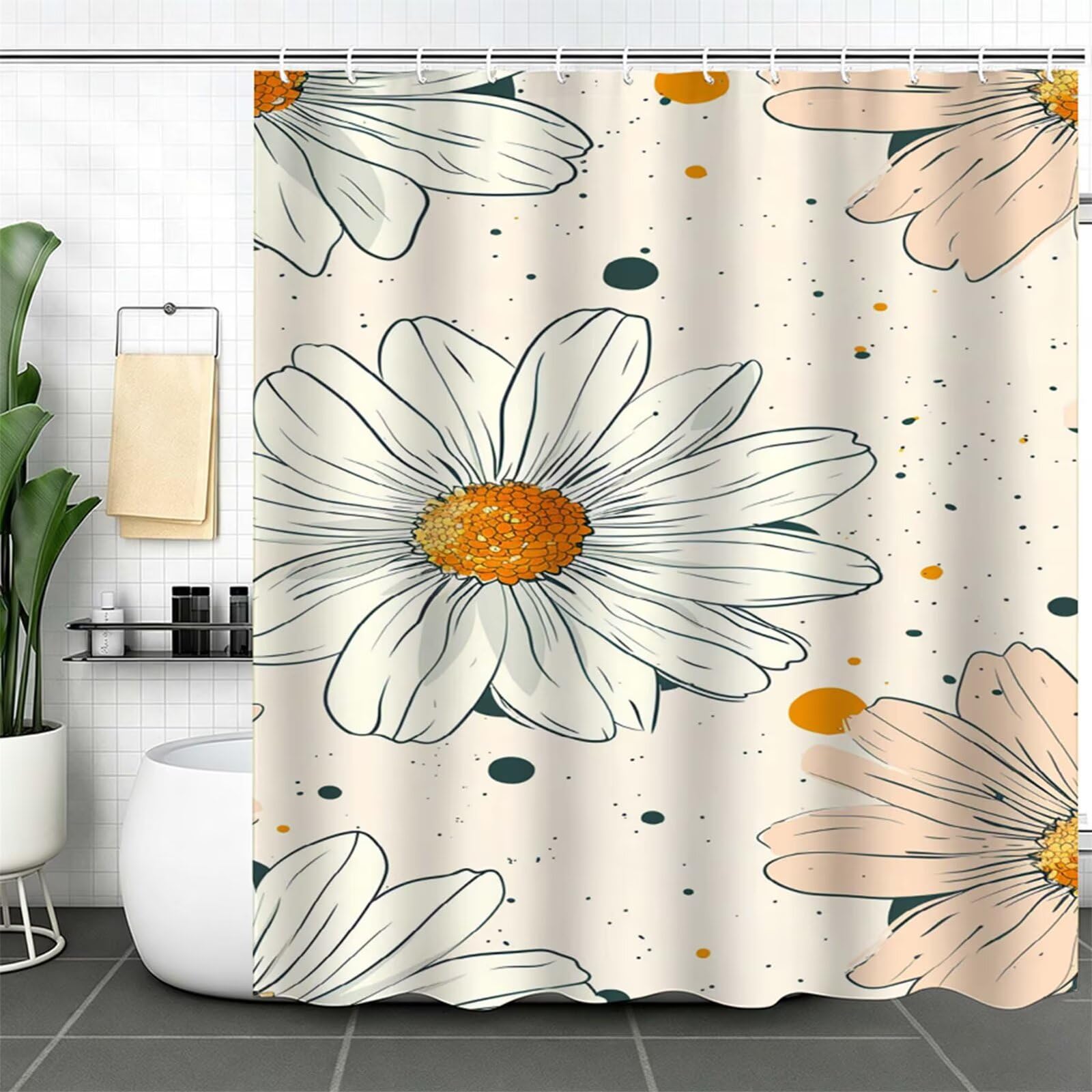 Beige Tenda Doccia 180x180cm,Tenda per Doccia Tessuto Poliestere Impermeabile Asciugatura Rapida con 12 Anelli,Tende Finestra Bagno e Vasca Pieghevole per Angolare Casa Shower Curtain crisantemo J-358