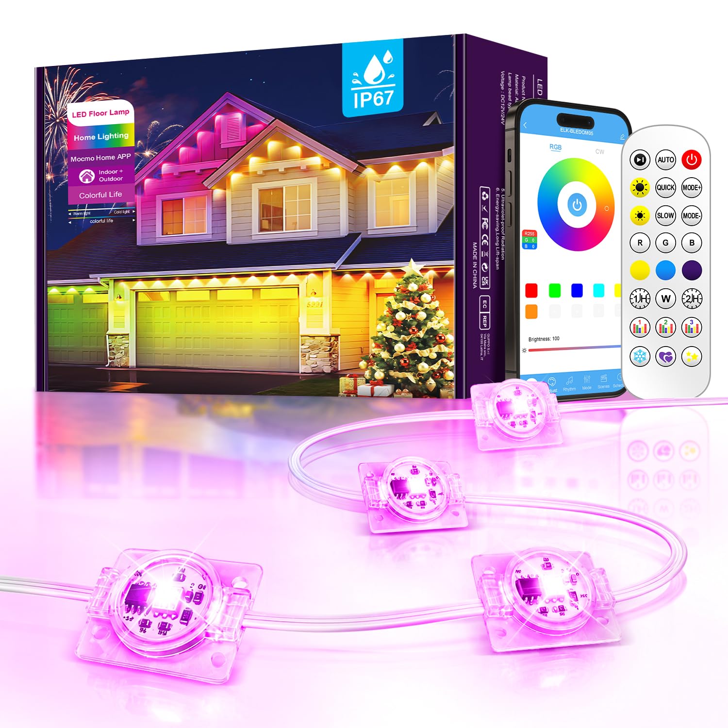 MUCCCUTE Permanente Außenleuchten für Weihnachten, 60 m, RGB-Hauslichter, mit App und Fernbedienung, Smart Rainbow LED, IP67 wasserdicht, für Feiertage, Neujahr, Dachtraufe, Gartendekoration