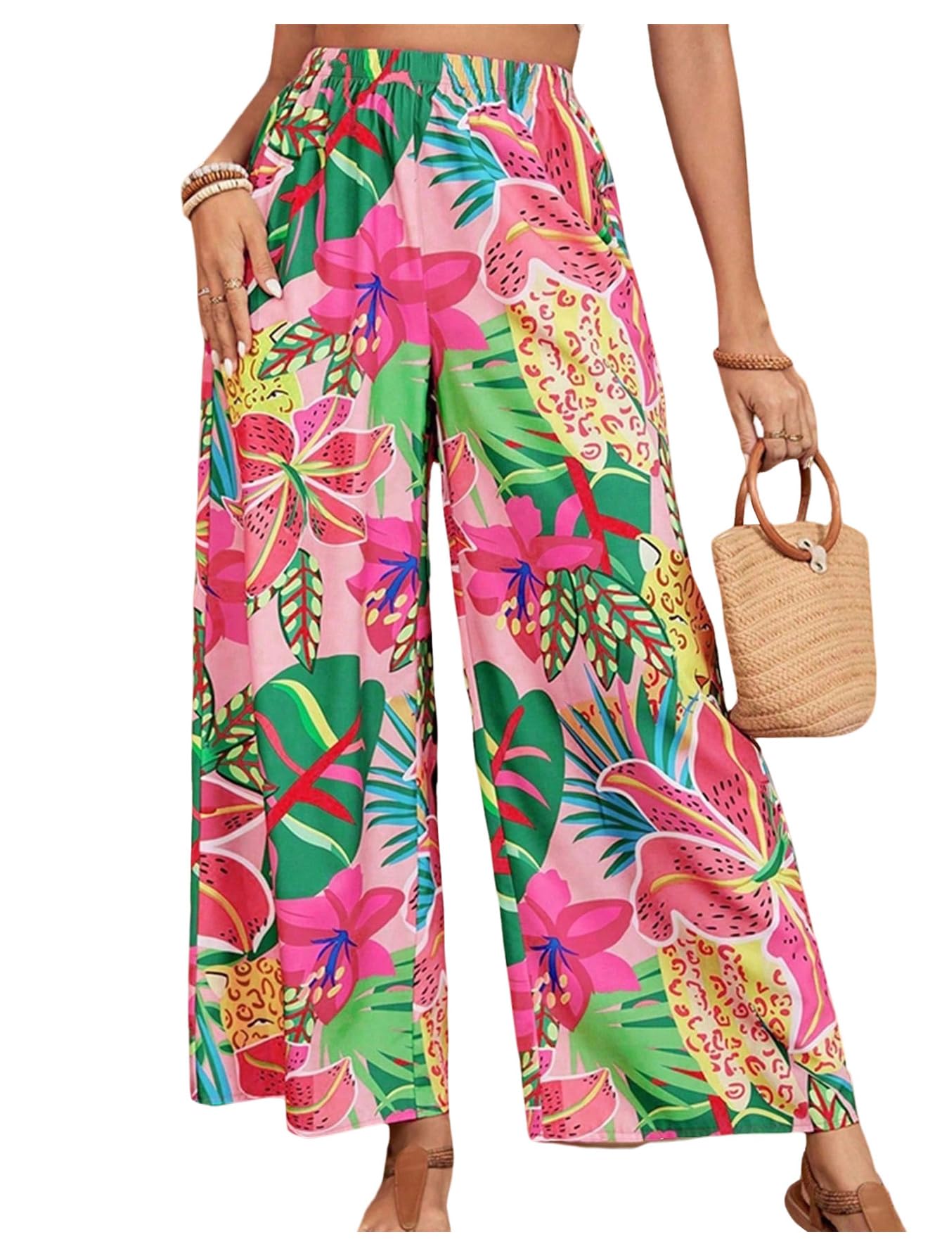 MakeMeChic Womens Plus Size Floral Palazzo Pants Elastic Waist Wide Leg Tropical Print Summer Trousers