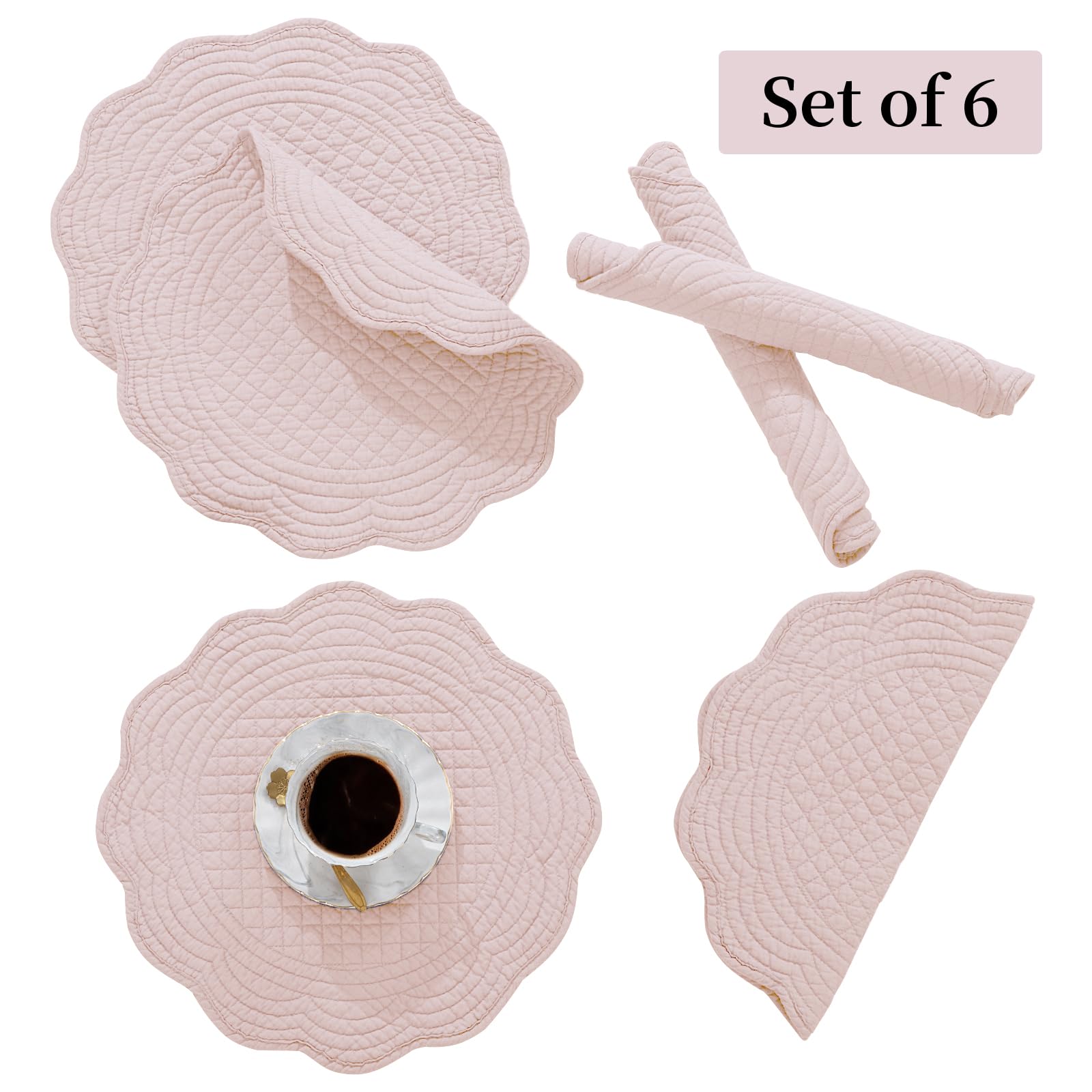 BALAPET Set di 6 tovagliette trapuntate, 100% cotone, 35,6 cm, stile fattoria, reversibile, rotondo, con bordi smerlati, per cucina, cene, feste, vacanze
