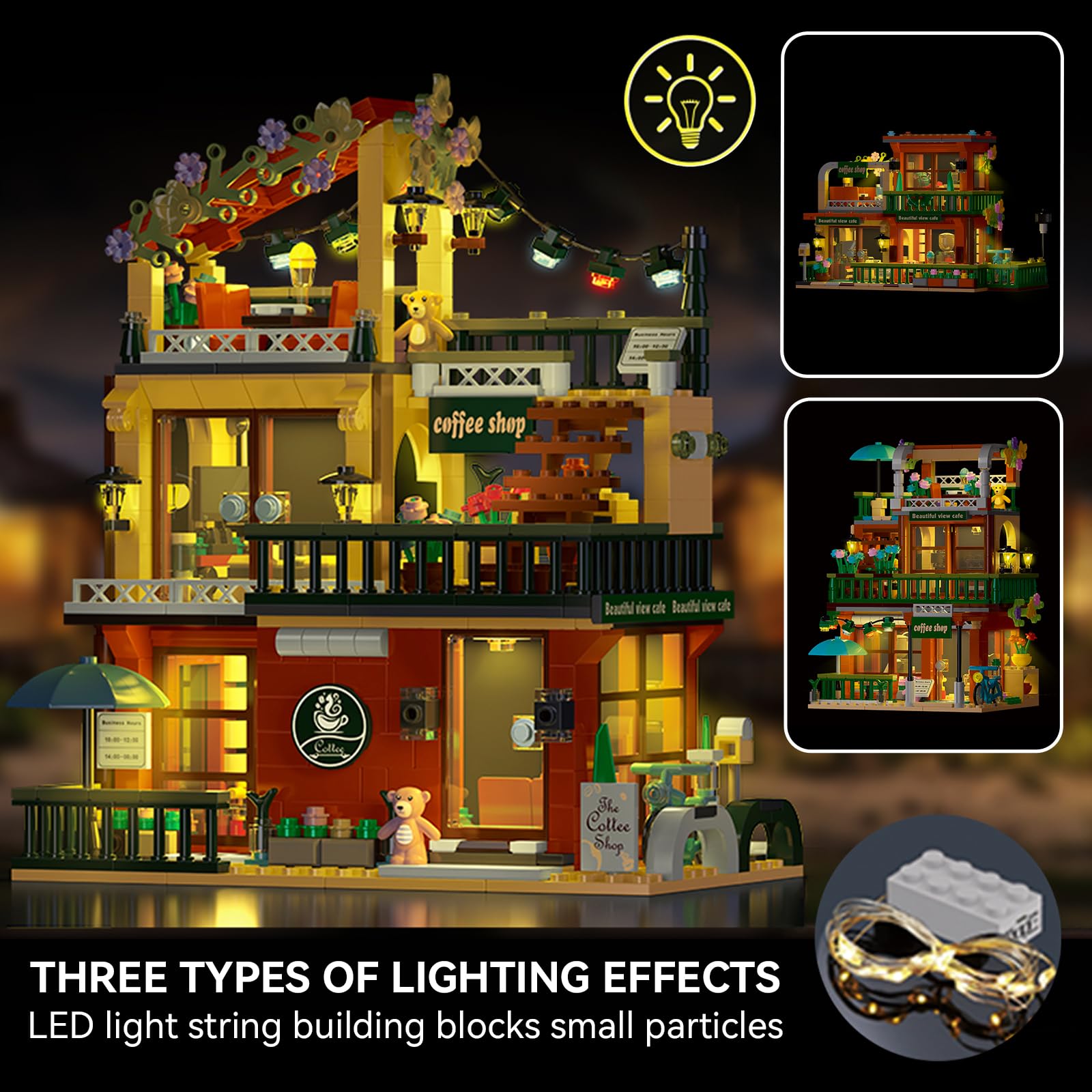 Juego de construcción 3 en 1 Street View Coffee Shop de ciudad, compatible con City House Modular Simulación Arquitectura Juguete de construcción con luces LED, regalo para adultos y niñas niños 2