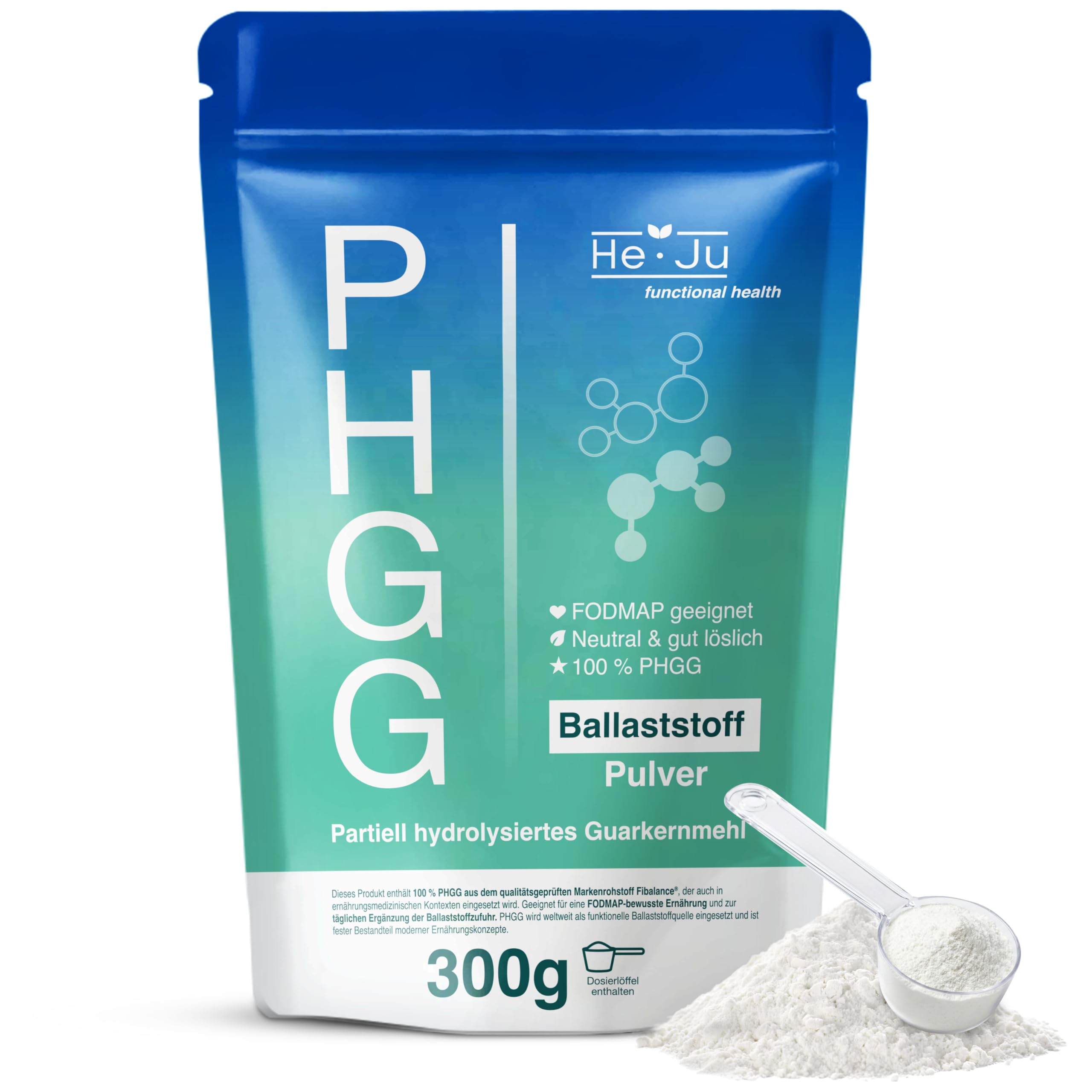 He-Ju PHGG Poudre de fibres (Fibalance®) 300 g, fibres FODMAP 60 portions, 100 % poudre PHGG avec cuillère doseuse de 1 g, neutre et bien soluble, testée en laboratoire