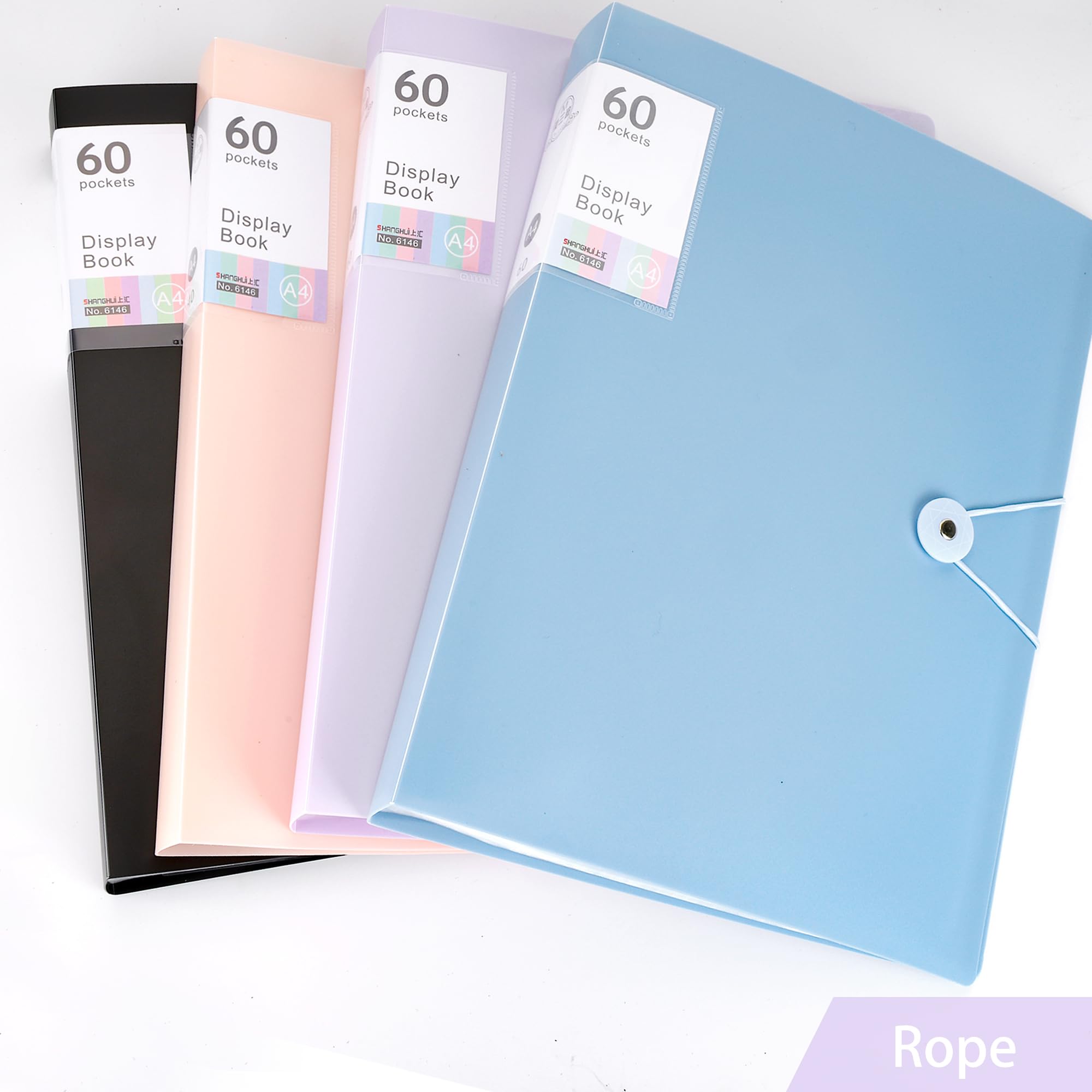 WeeGoo 4 PCS 60 Pockets Display Folders A4, 4 Colors Display Book Folder with Plastic Sleeves and Safety Rope, Presentation Folders for Offices Home - Image 4