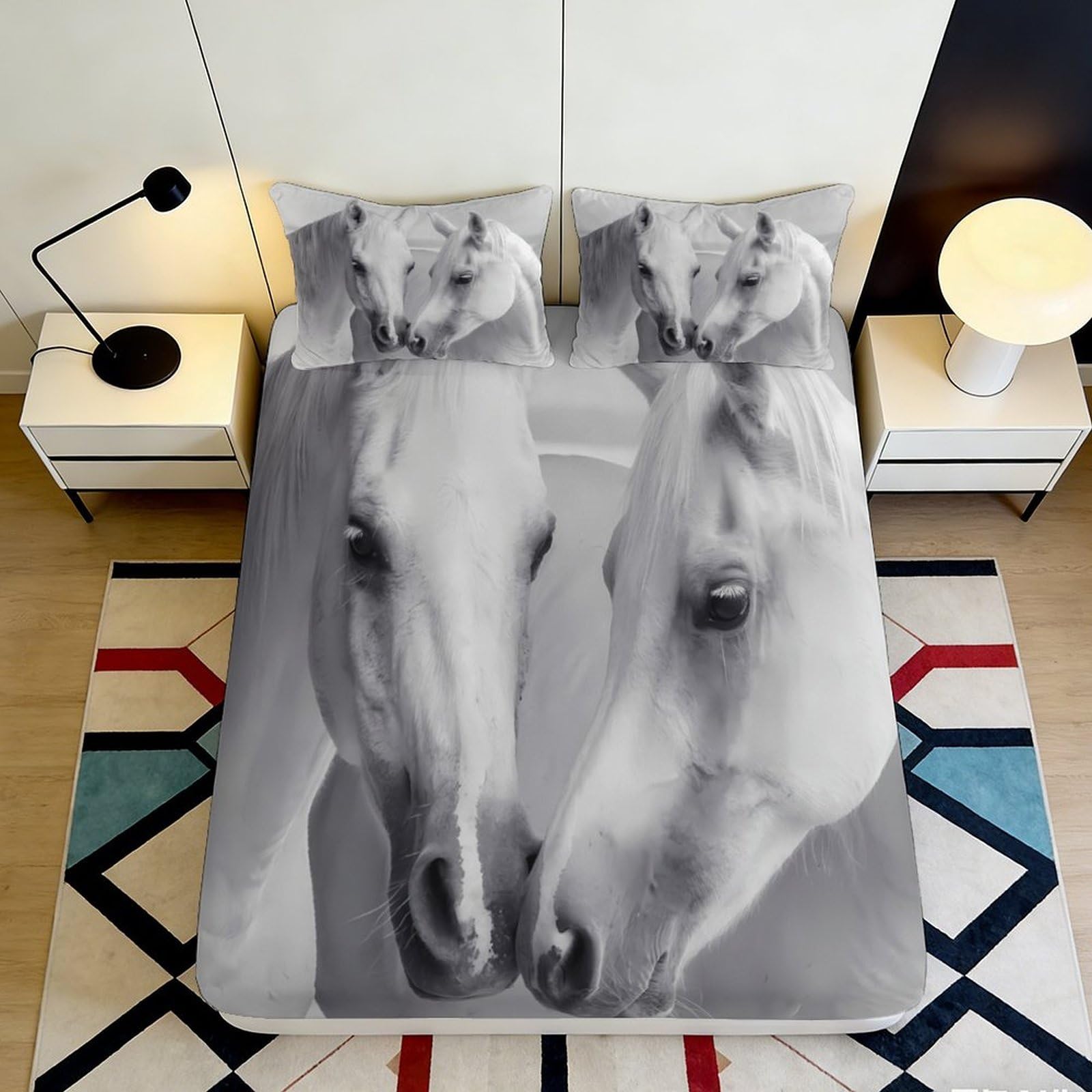 3D Printed Horse Floral Fitted Sheet Microfiber Deep Pocket Non-Slip Bedroom Set Horse Mattress Fitted Cover Washable All Ages 120x200x25cm